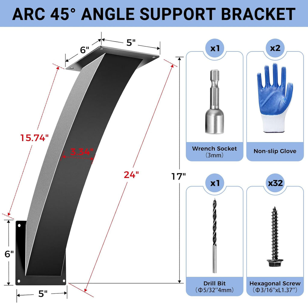 Heavy Duty Arc 45 Degree Angle Bracket, Wood Pergola Bracket Kit-4 Pcs for 6''x6'' Post, Pergola Accessories, for Gazebos, Decks, Porches, Log Cabins etc., Wood Post and Beam Angle Support Brackets