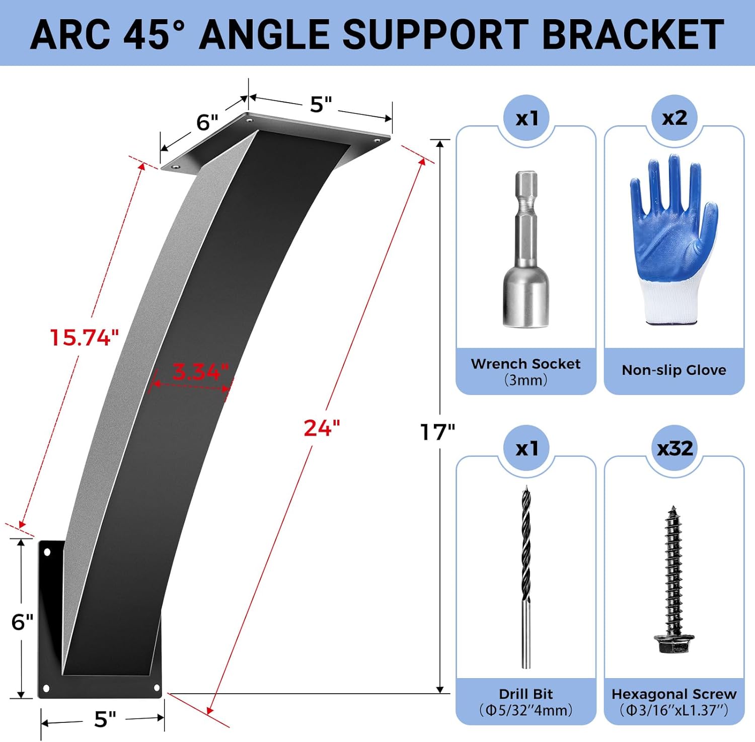 Heavy Duty Arc 45 Degree Angle Bracket, Wood Pergola Bracket Kit-4 Pcs for 6''x6'' Post, Pergola Accessories, for Gazebos, Decks, Porches, Log Cabins etc., Wood Post and Beam Angle Support Brackets