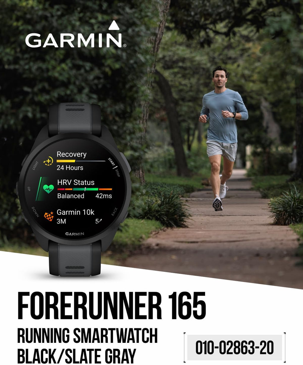 Garmin Forerunner 165 Running Smartwatch, Colorful AMOLED Touchscreen, Training Metrics and Recovery Insights Includes PowerPack, Adapters Bundle, Black/Slate Gray