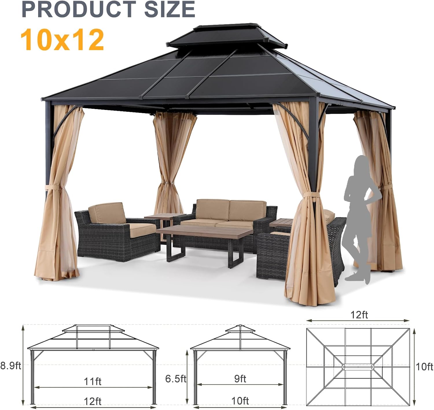 ABCCANOPY Double Roof Outdoor Hardtop Gazebo 10x12 - Patio Polycarbonate Hard Top Gazebos with Curtain and Netting (Beige)