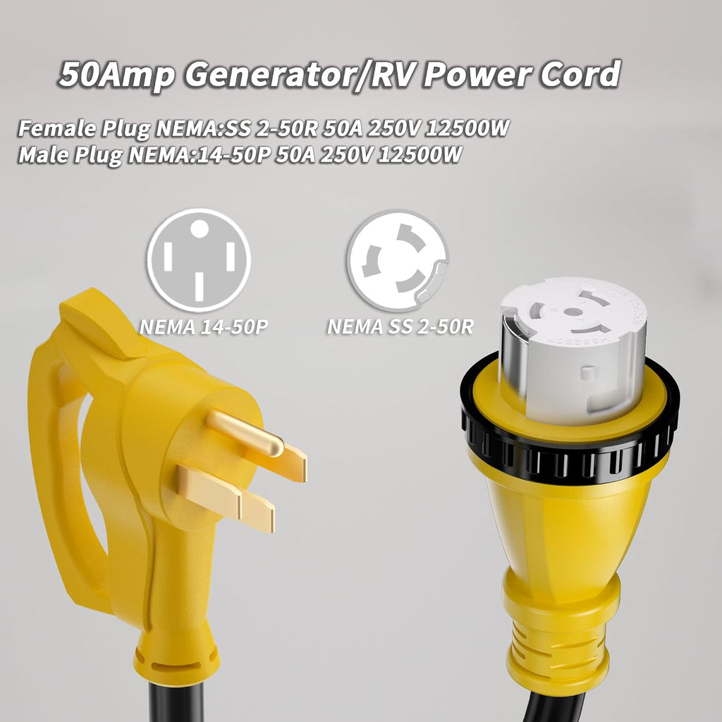 PlugSaf 50 Amp Generator Cord, 25FT 50 Amp RV Extension Cord with Twist Lock, Generator Cable 50A 4 Prong Yellow, NEMA 14-50P/SS2-50R Heavy Duty STW Wire for RV Camper & House