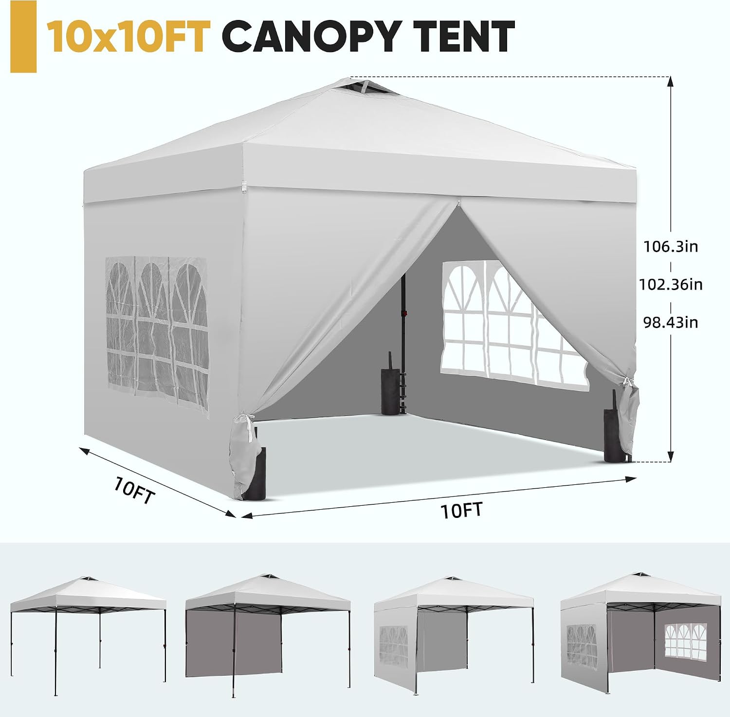 10x10 Pop Up Canopy Tent with One Push Setup, Portable Sun Shade Tent, Instant Easy Up Canopy with 4-Sidewalls & Wheeled Bag, Outdoor Fldable Gazebo with Vent Top, White.