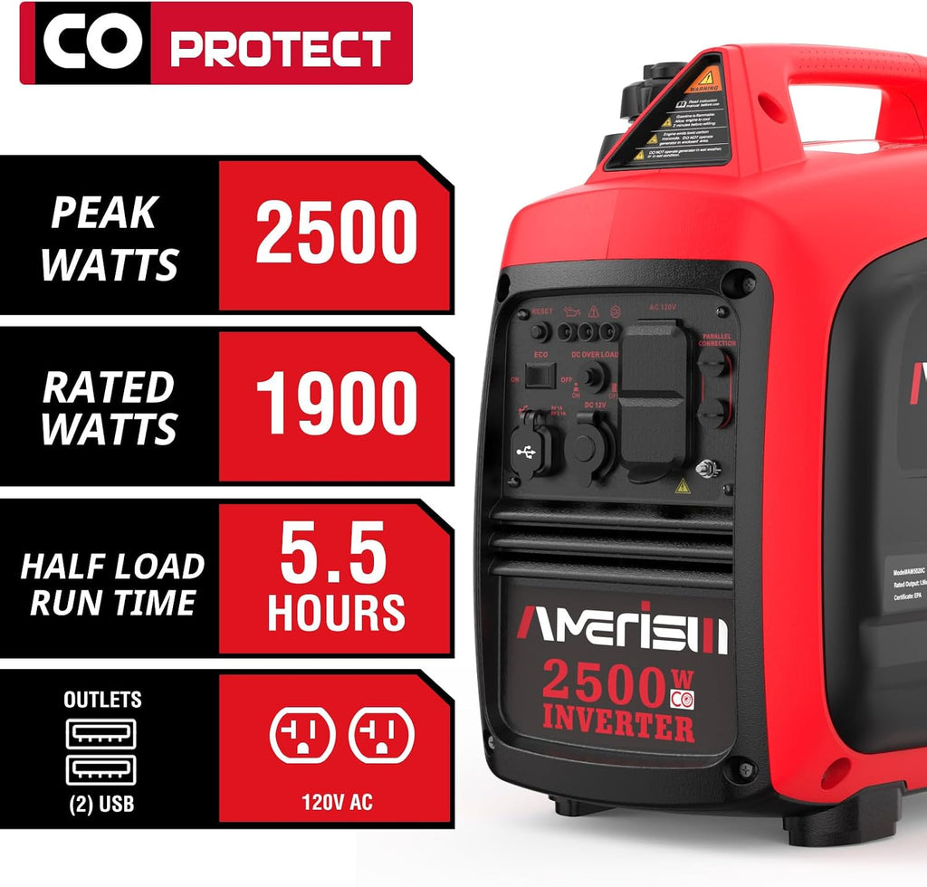 AMERISUN Inverter Generator 2500W, Gas Power Generator with CO Sensor for Camping and Home Backup, Long Runtime & Quiet Operation, EPA Compliant