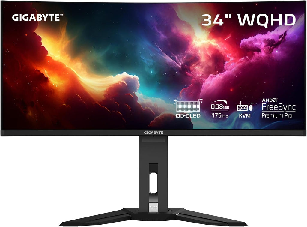 GIGABYTE MO34WQC - 34' QD-OLED Curved Gaming Monitor - WQHD 3440x1440 - Curved - 175Hz - 0.03ms GTG - AMD FreeSync Premium Pro - Type C KVM - HDMI, DP, Type C - Height Adjustable - Black (MO34WQC SA)