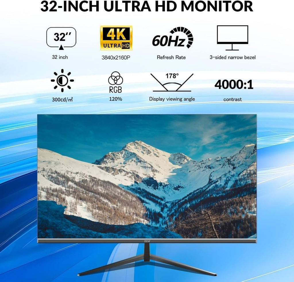 32 Inch 4K UHD Monitor (3840x2160), IPS,60Hz Refresh Rate, 120% sRGB, AMD FreeSync, 178° Viewing Angle, HDMI/DisplayPort, VESA 100x100mm Mount Compatible, Tilt Adjustable - Black