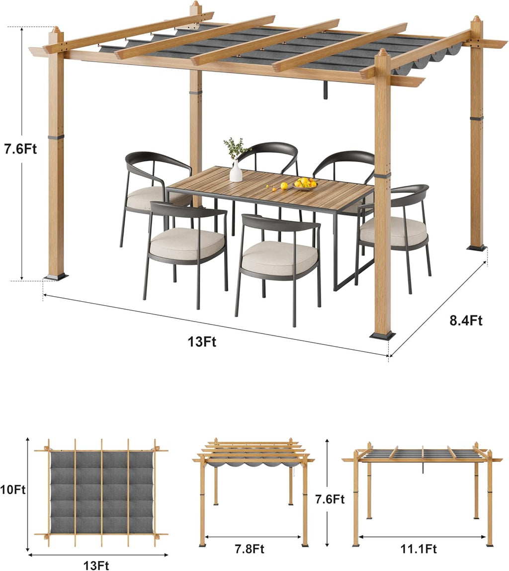 Garvee 10x13 ft Outdoor Pergola with Retractable Canopy – Upgraded Aluminum Faux Wood Grain Metal Patio Pergola for Modern Backyard Deck, Porch, Grape Trellis in Grey