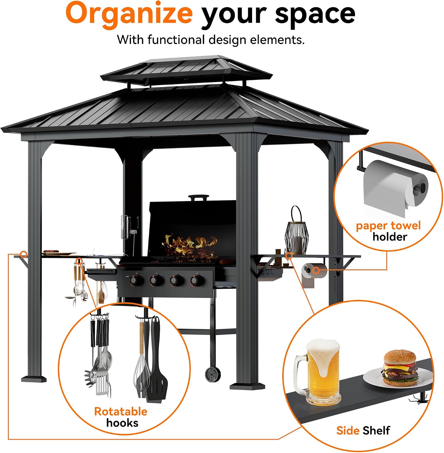 Big Leaf 6' x 8' Grill Gazebo with Aluminum Frame, Galvanized Steel Roof, Side Shelves, Paper Towel Holder, and USB/USB-C Charging Ports – Ideal BBQ Canopy for Patio