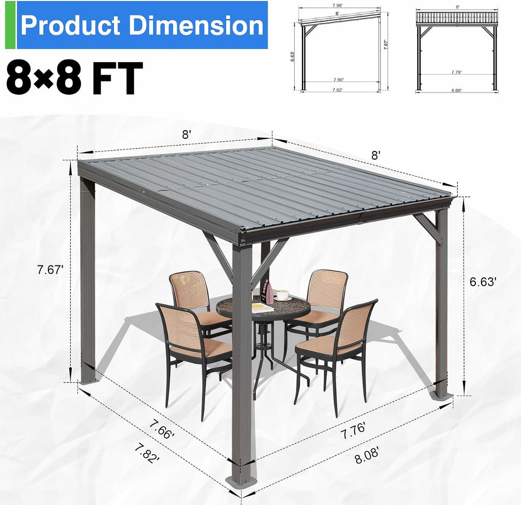 8x8FT Lean to Gazebo, Outdoor Hardtop Wall Mounted Gazebo with Gutter & Sloping Galvanized Steel Roof, Metal Hard Top Awnings for Deck, Porch, Backyard