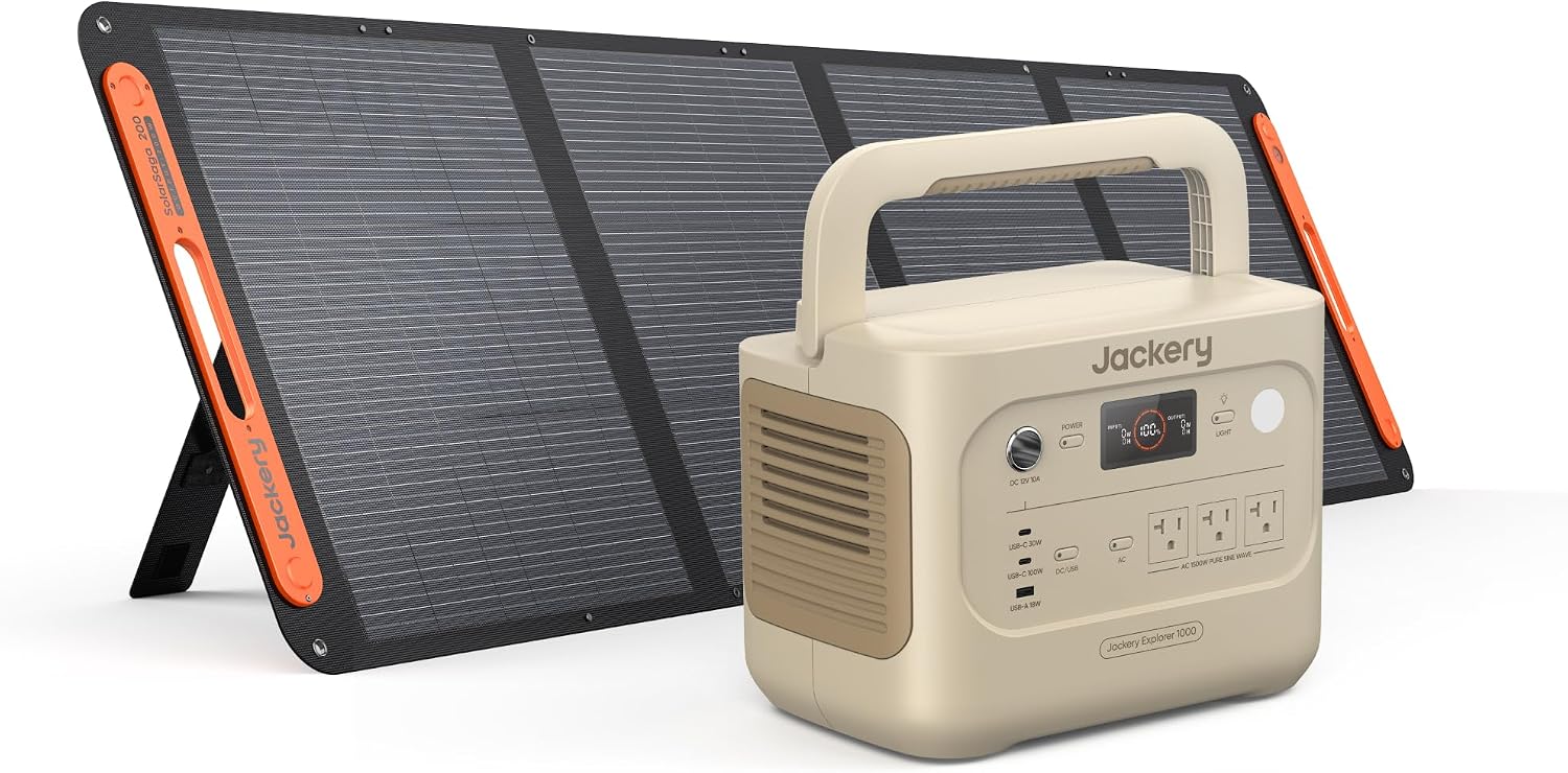 Jackery Solar Generator 1000 v2 with 200W Solar Panel, 1070Wh Portable Power Station, LiFePO4 Battery, 1500W AC Output, 1 Hr Fast Charge, for Camping, Emergency, RV, Off-Grid (Dune White)