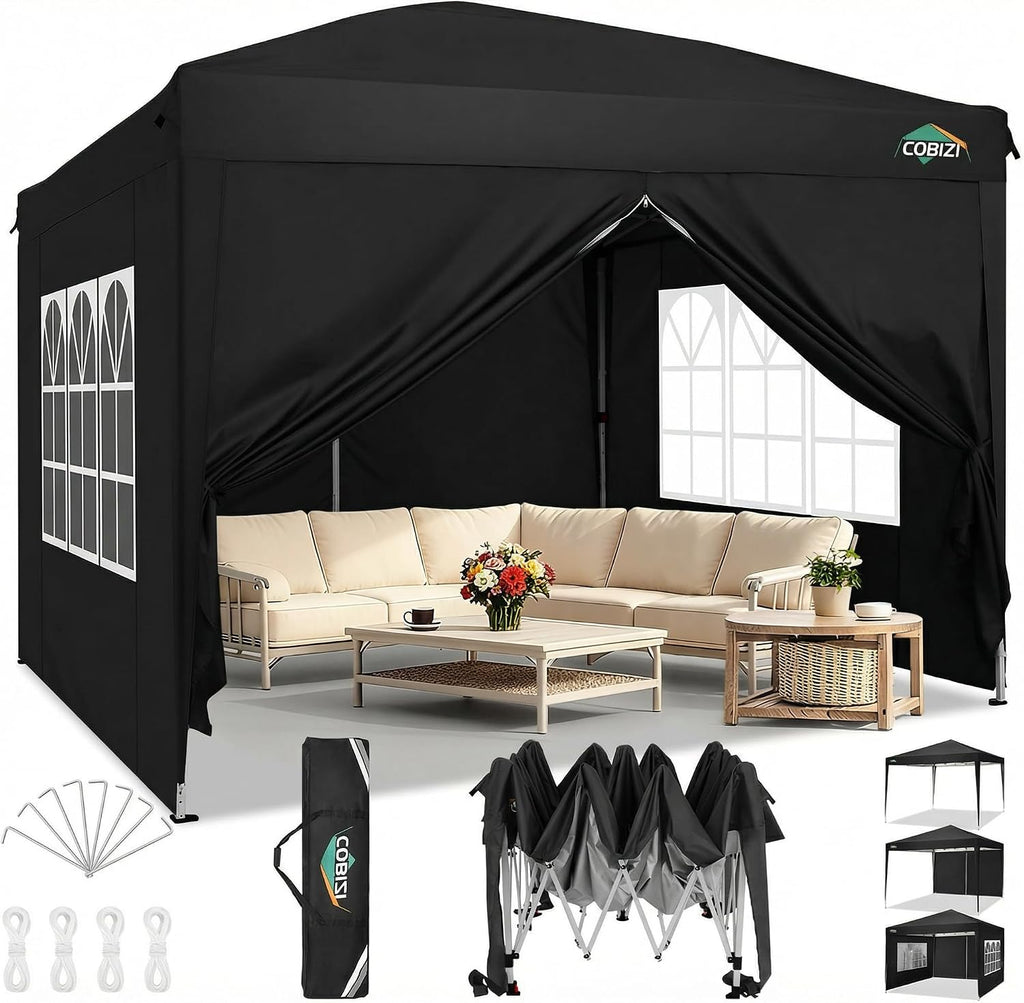 COBIZI 10x10 Pop Up Canopy Tent with 4 Removable Sidewalls, UPF 50+ Waterproof 10x10 Outdoor Portable Canopy for Commercial, Parties, Backyard, Beach with Carry Bag, Ropes, Stakes (Black, 10'x10')
