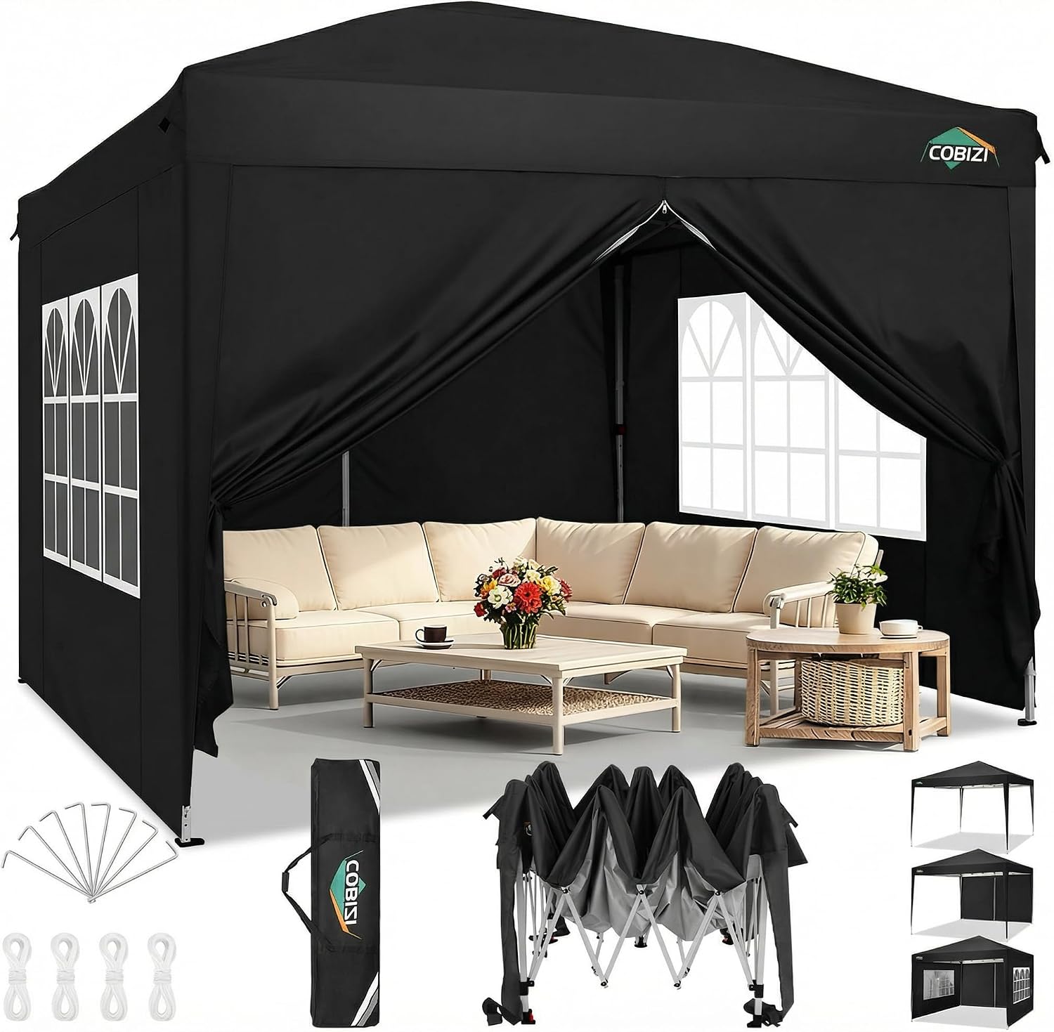 COBIZI 10x10 Pop Up Canopy Tent with 4 Removable Sidewalls, UPF 50+ Waterproof 10x10 Outdoor Portable Canopy for Commercial, Parties, Backyard, Beach with Carry Bag, Ropes, Stakes (Black, 10'x10')