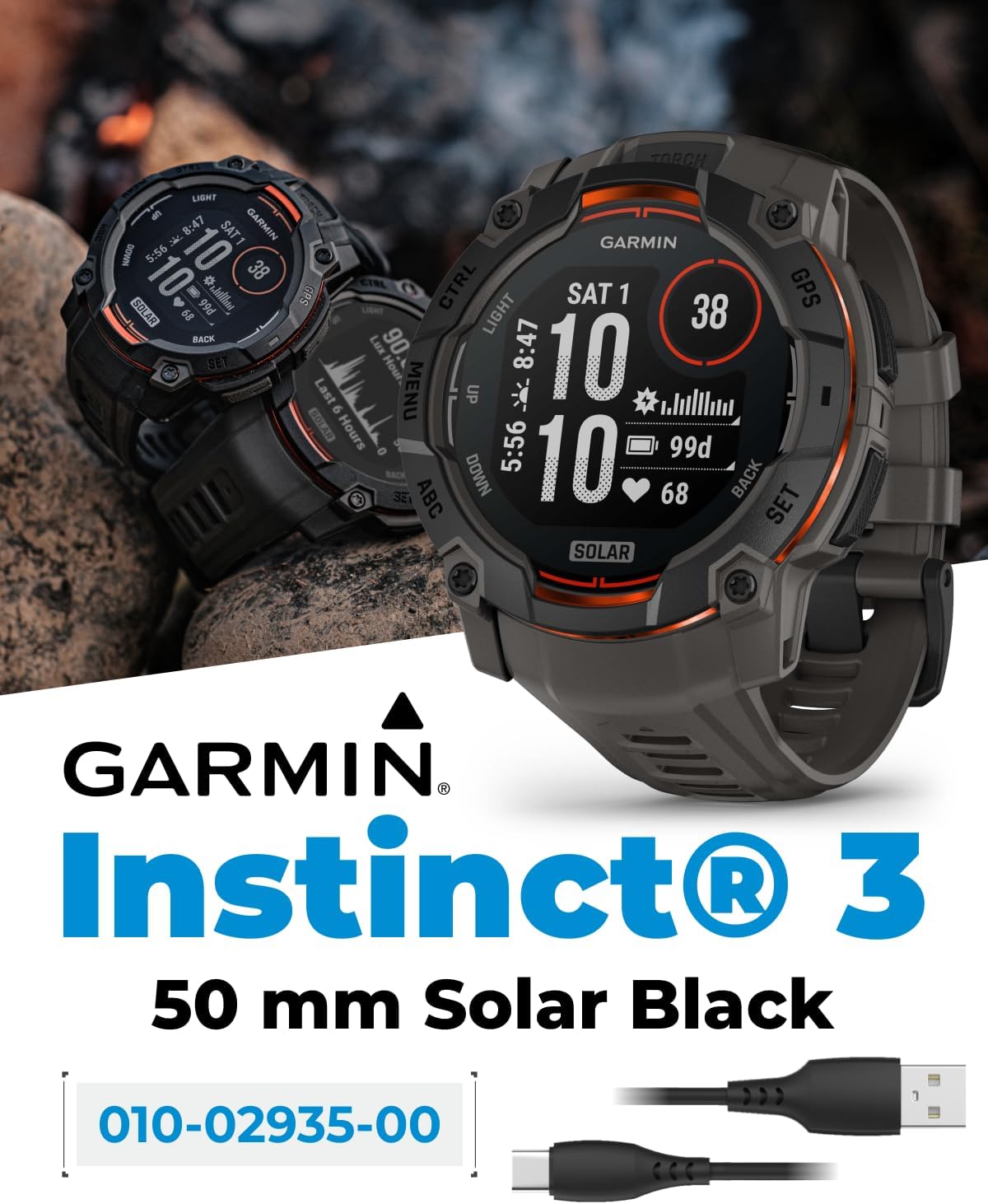 Garmin Instinct 3 Solar 50 mm, Rugged Outdoor GPS Smartwatch, Built-in Flashlight, Up to 40 Days of Battery Life, Black with Charcoal Band Bundle