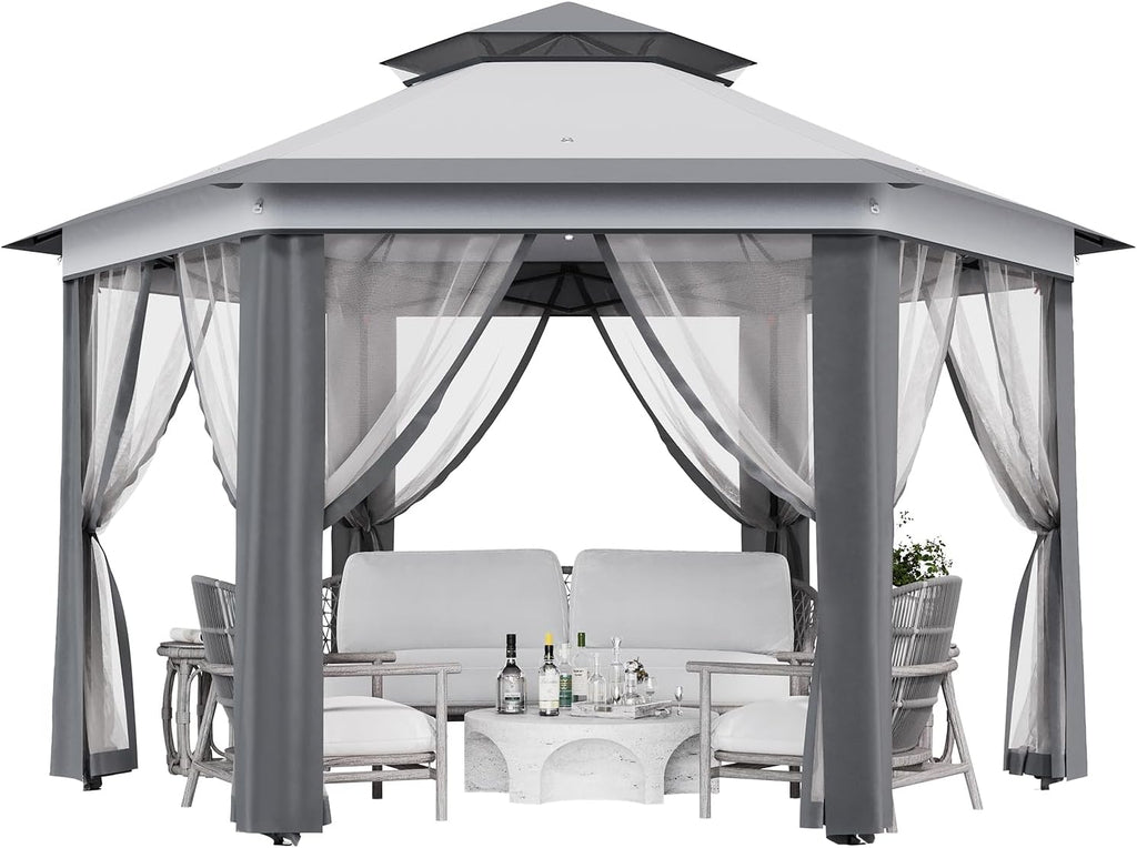 Pop-Up Gazebo 13 * 13 ft 6 Sided, Canopy Tent with Mesh Windows & Portable Carry Bag, Adjustable Tent Outdoor Pergola for Backyard & Patio Furniture (Light Grey + Dark Grey)