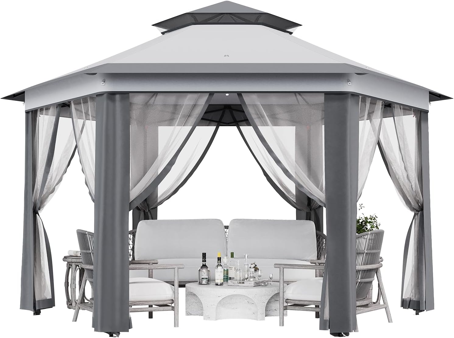 Pop-Up Gazebo 13 * 13 ft 6 Sided, Canopy Tent with Mesh Windows & Portable Carry Bag, Adjustable Tent Outdoor Pergola for Backyard & Patio Furniture (Light Grey + Dark Grey)