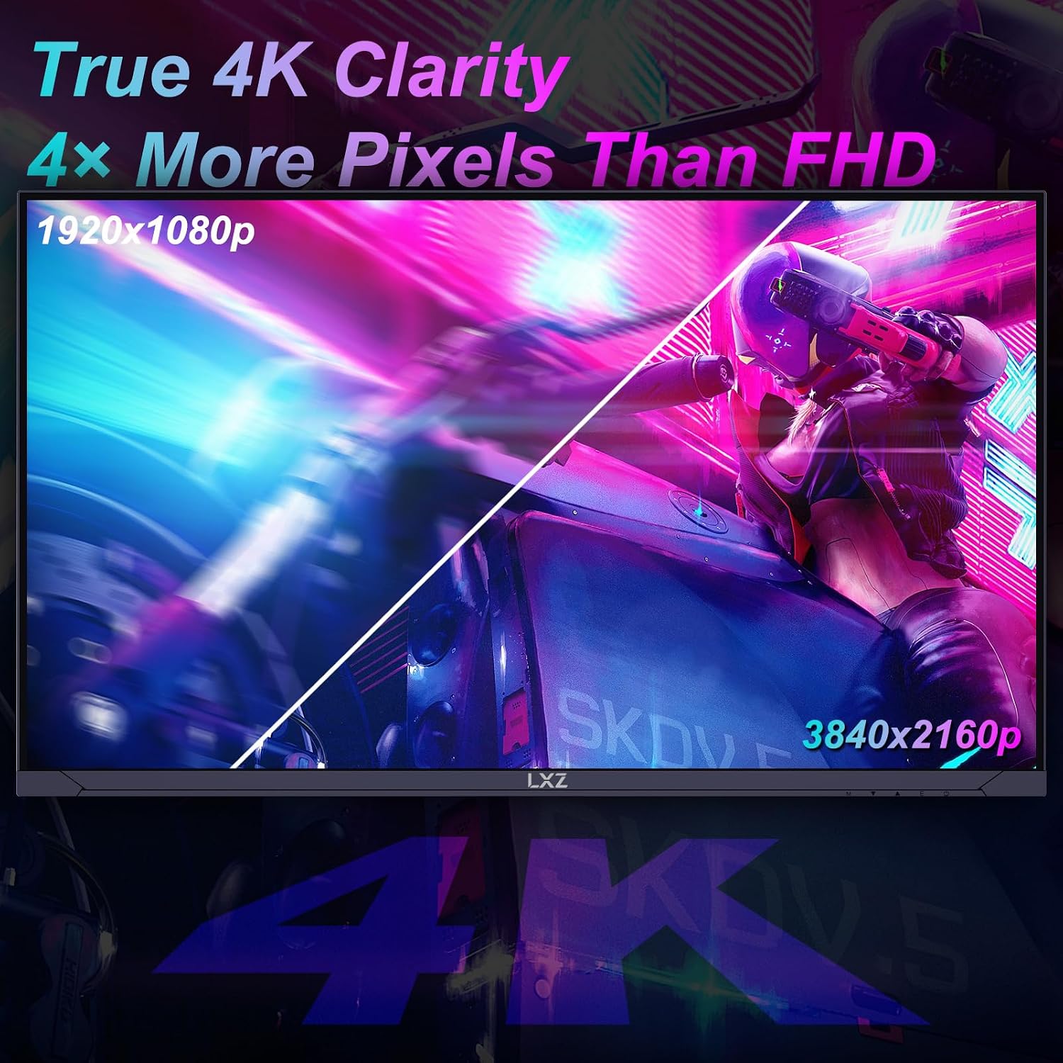 LXZ 27 inch Monitor 4K UHD 144Hz Gaming Monitor – IPS Panel with 1ms MPRT, Supports HDR, 84% NTSC, HDMI 2.1, Height/Tilt/Pivot/Swivel Stand, VESA Compatible, Eye Care – Black