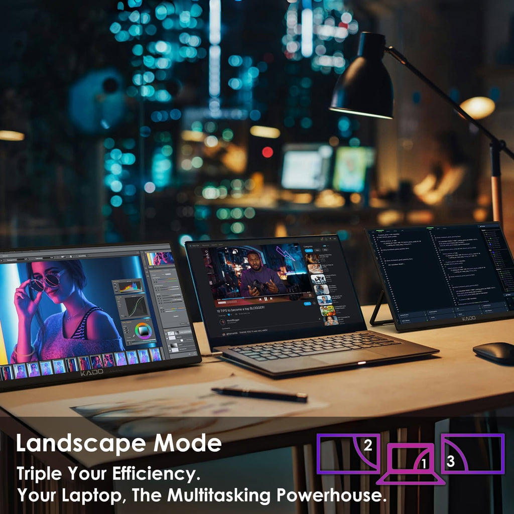 Kado Dual Portable Monitor Setup - 2-Pack 15.6' 1080p IPS Triple Monitor Extender for Laptop, 1920x1080 HDMI USB-C 180° Kickstand Built-in Speakers, Stacked Desktop Setup Office Gaming Daytrading