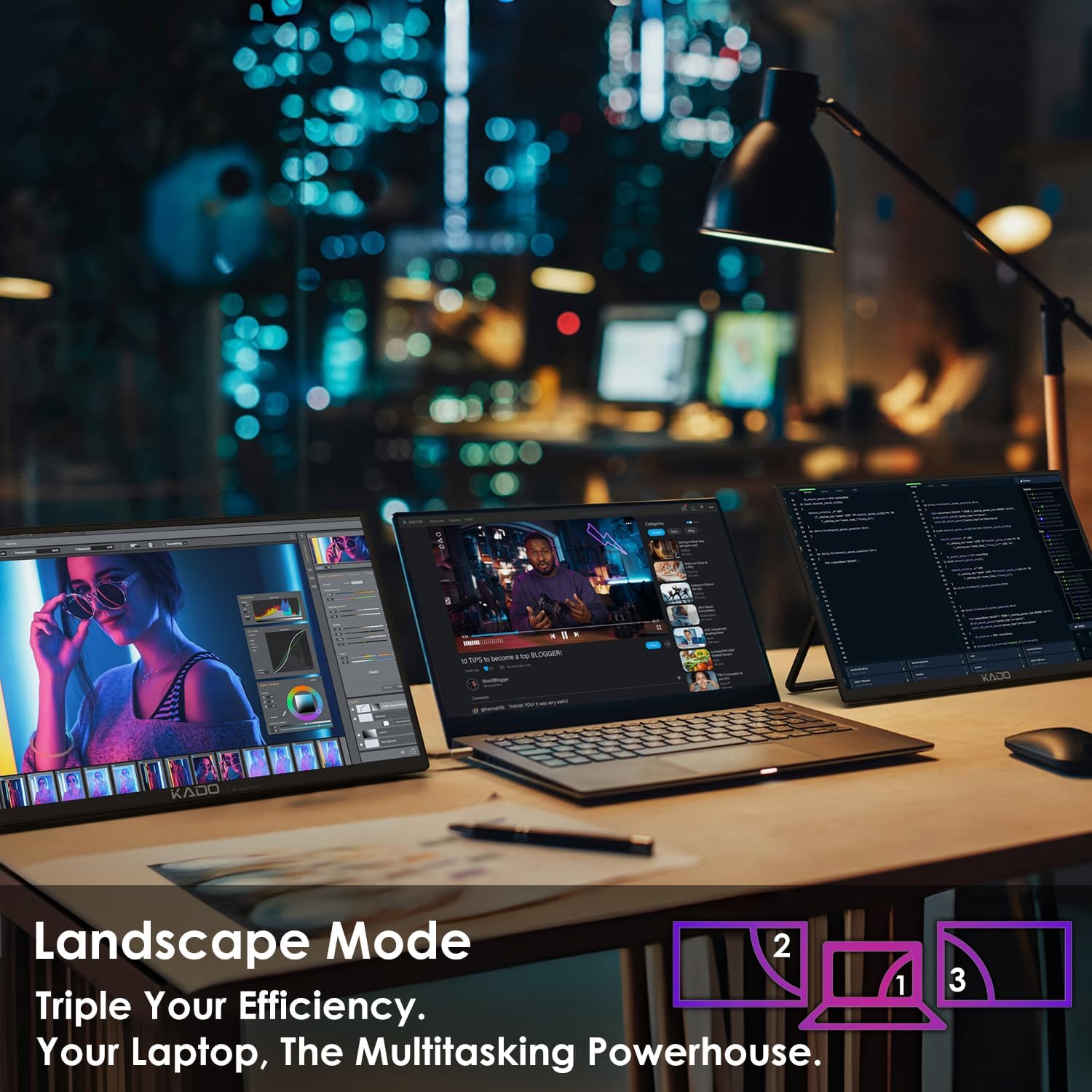 Kado Dual Portable Monitor Setup - 2-Pack 15.6' 1080p IPS Triple Monitor Extender for Laptop, 1920x1080 HDMI USB-C 180° Kickstand Built-in Speakers, Stacked Desktop Setup Office Gaming Daytrading