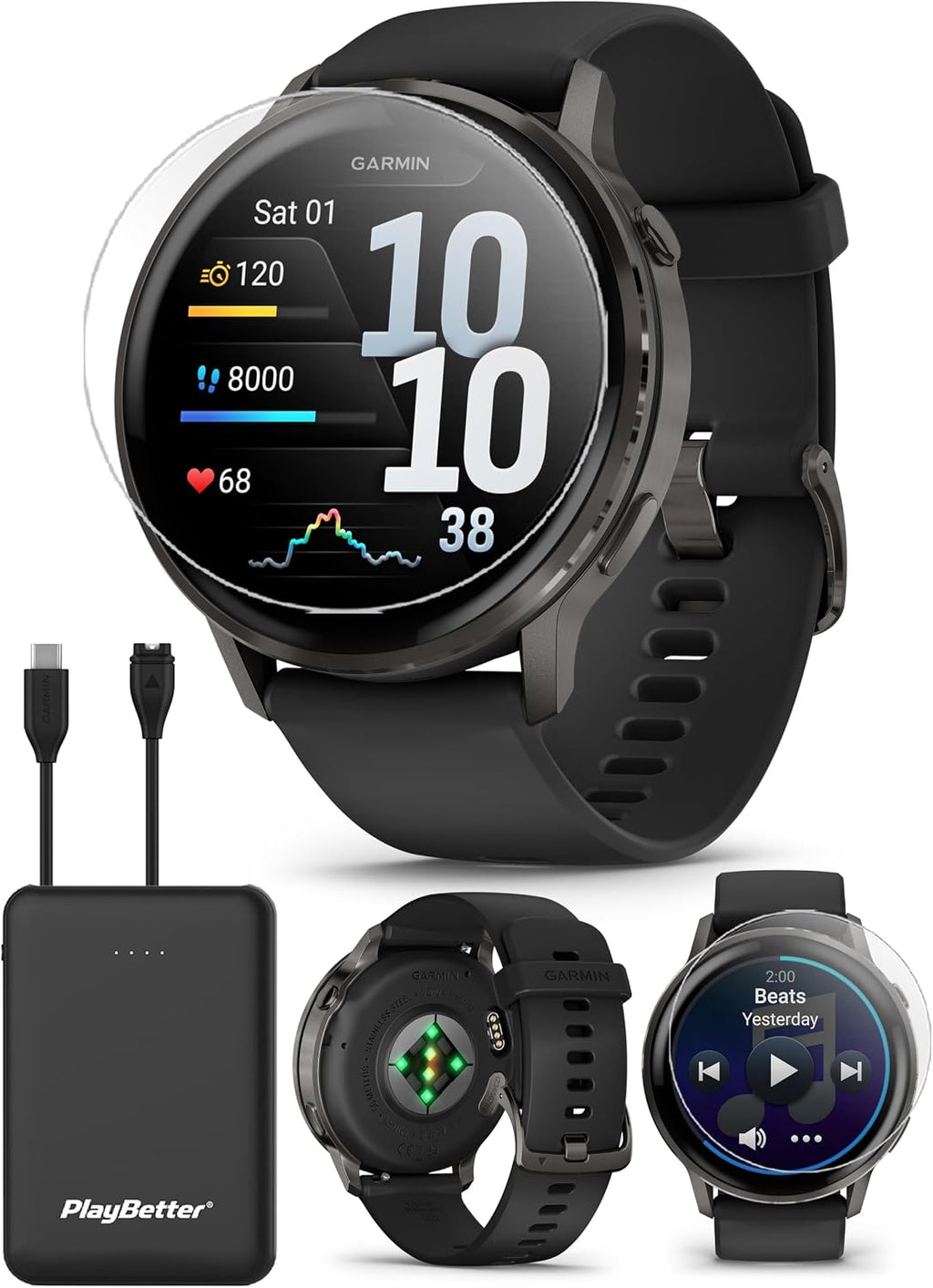 PlayBetter Garmin Venu 4 (Slate/Black, 45mm) Fitness GPS Smartwatch Bundle - AMOLED Display, Built-in Flashlight, Long Battery Life Portable Charger & HD Screen Protectors