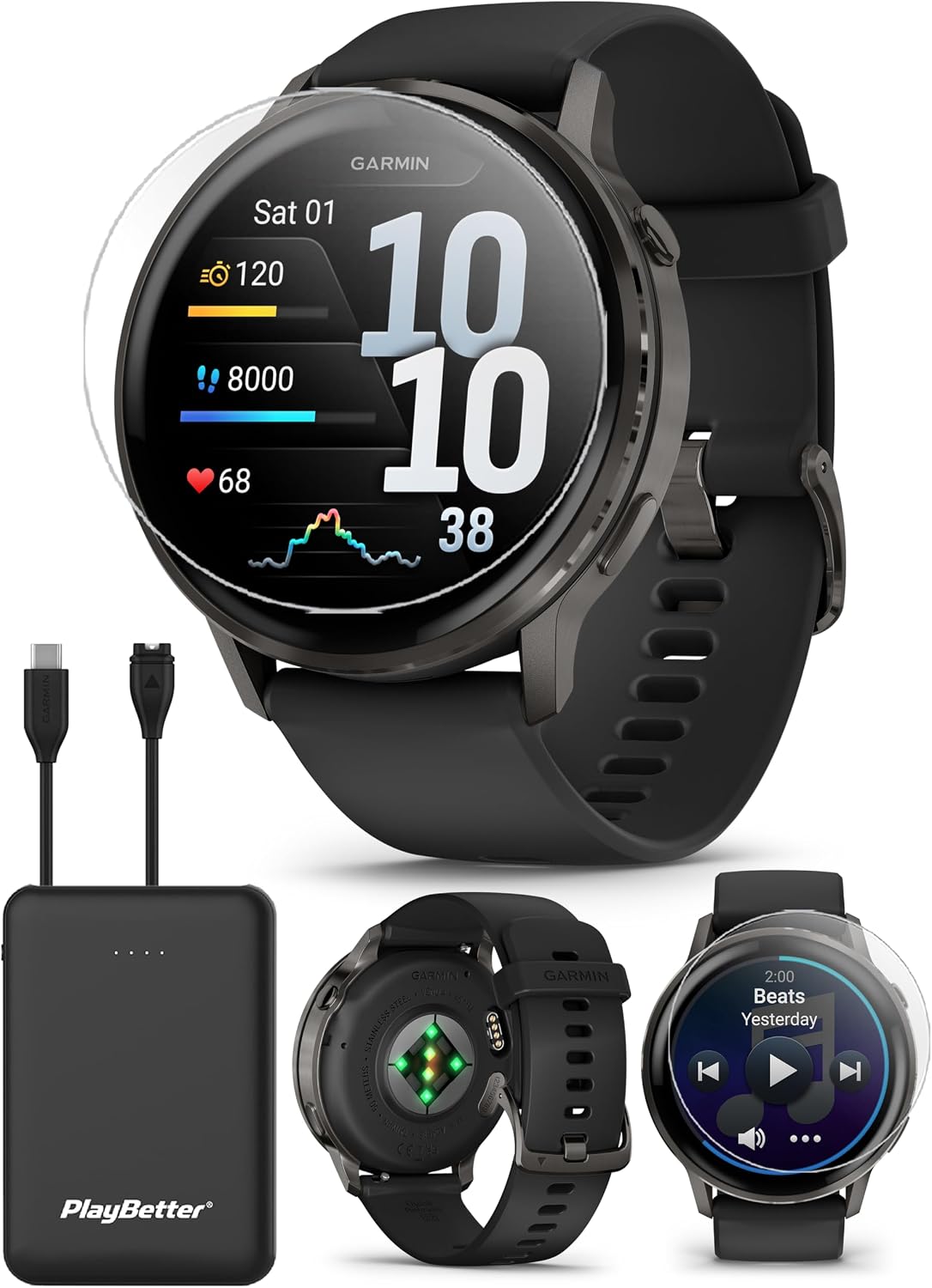 PlayBetter Garmin Venu 4 (Slate/Black, 45mm) Fitness GPS Smartwatch Bundle - AMOLED Display, Built-in Flashlight, Long Battery Life Portable Charger & HD Screen Protectors