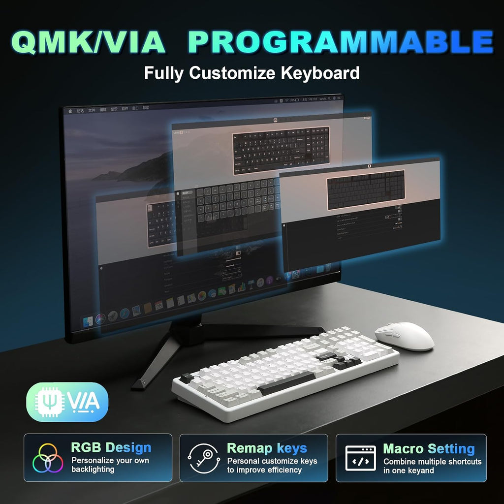 YUNZII AL98 QMK/VIA Wireless Mechanical Gaming Keyboard,Full Aluminum,BT/2.4G/USB-C, Pre-Lubed Hot Swappable Gasket Mount 1800 Layout,RGB Backlit for Win/Mac (White, Cocoa Cream V2 Switch)