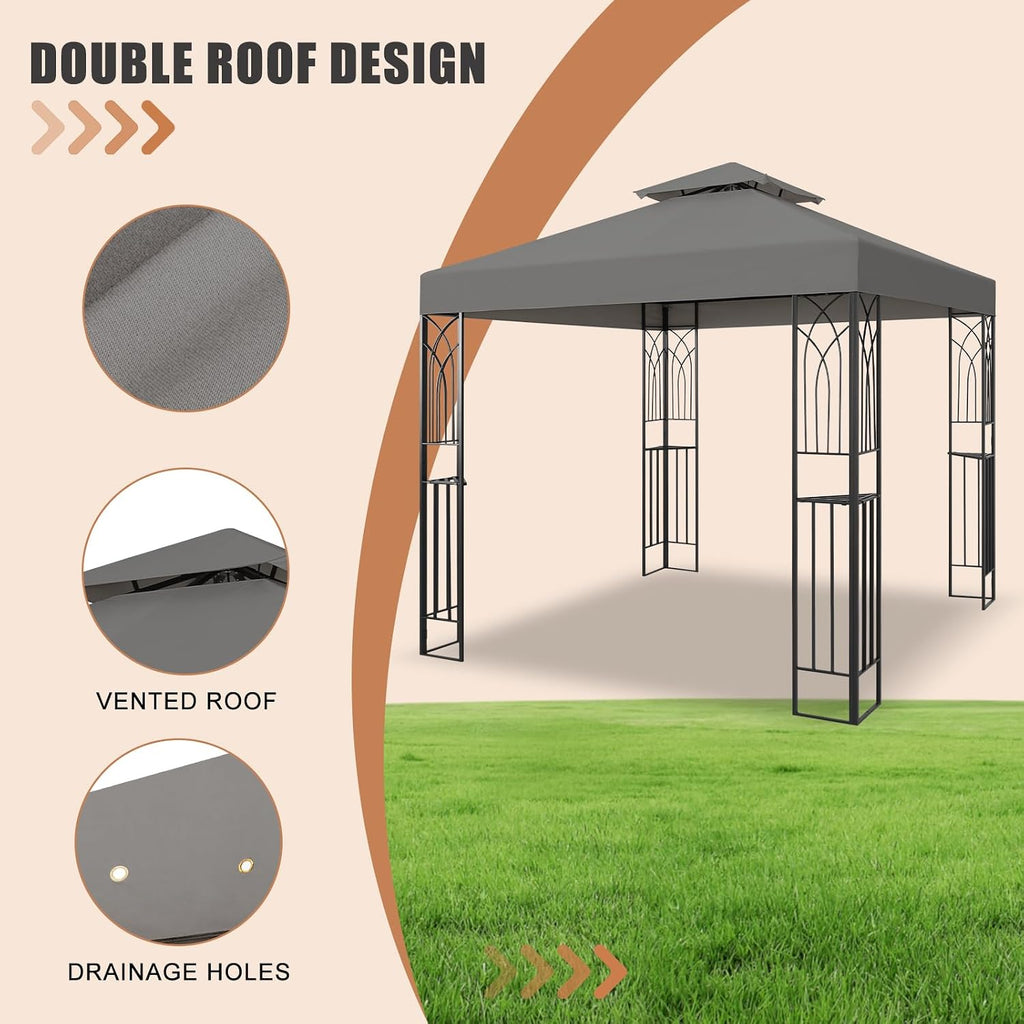 8x8 Outdoor Gazebo for Backyard, Patio Gazebo Tent with Corner Shelves, Gray