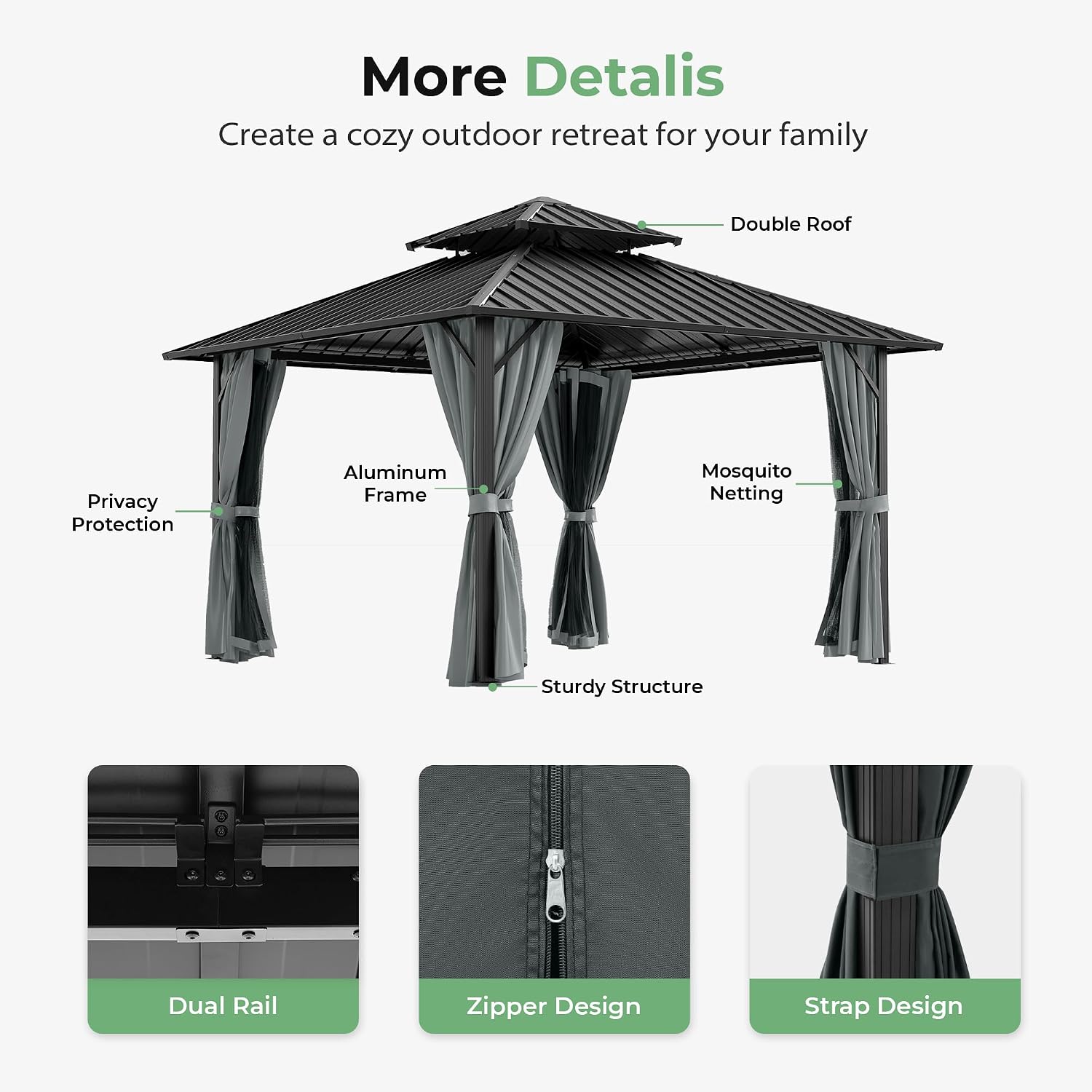 12' x 12' Hardtop Gazebo, Aluminum Frame with Double Galvanized Steel Roof,Permanent Outdoor Gazebo with Netting and Curtains for Backyard, Garden, or Deck, Gray