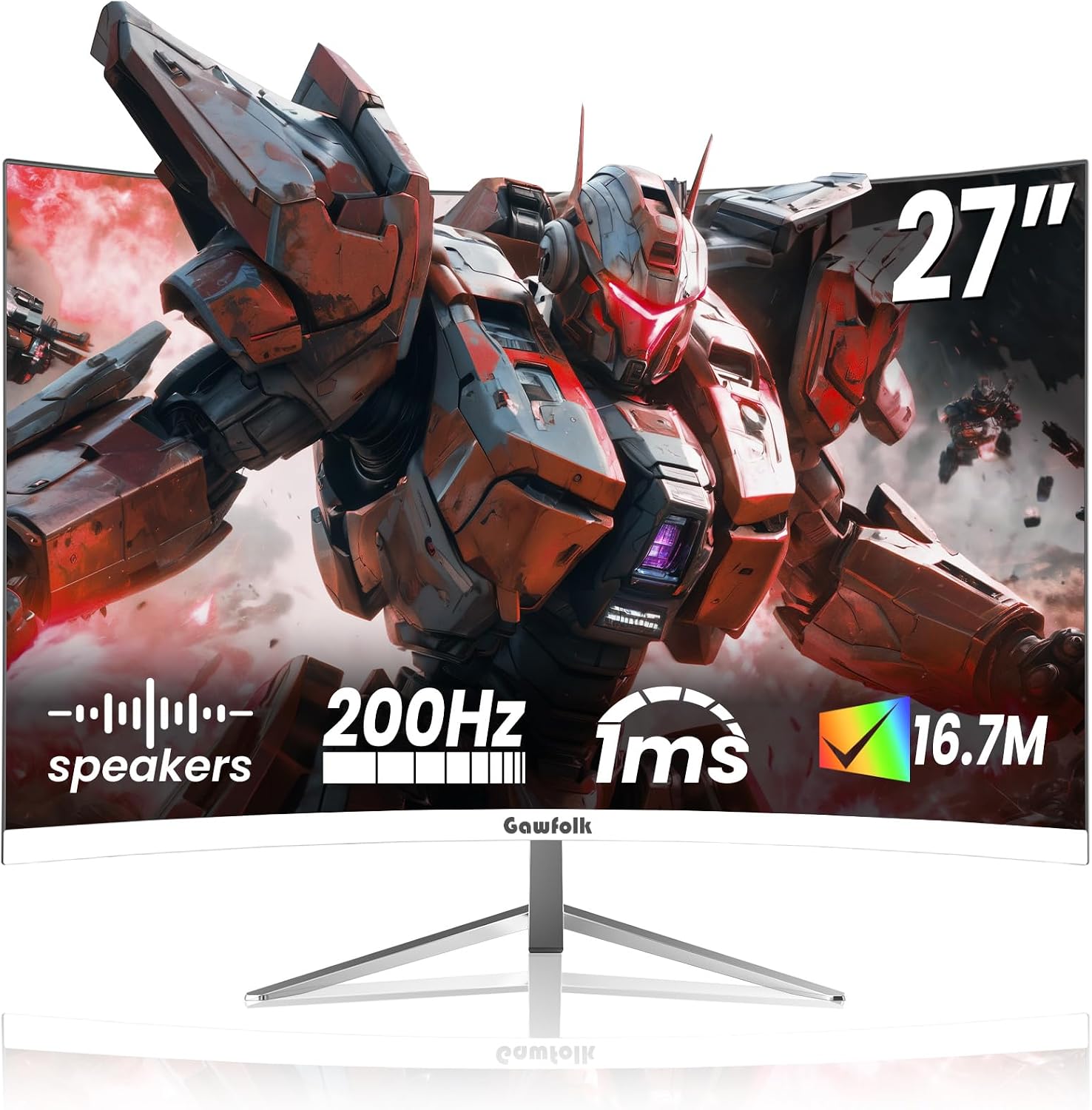 Gawfolk 27' Curved Gaming Monitor, 180Hz/200Hz FHD 1920x1080 1800R Immersive VA Panel, 1ms Response Time, FreeSync, Built-in Speakers, HDMI, VESA Mountable, White