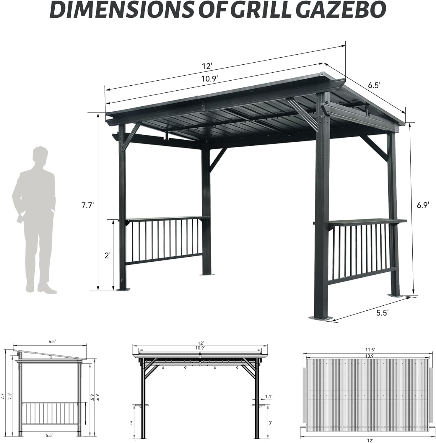 6.5x12 FT Hardtop Grill Gazebo with Sloping Steel Roof, Outdoor BBQ Canopy with 2 Side Shelves & Ceiling Hooks for Patio, Backyard (Grey, 6.5'x12')