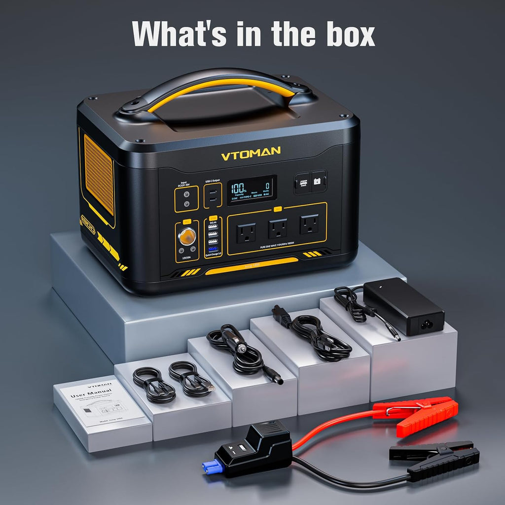VTOMAN Jump 1800 Portable Power Station &12V Car Jump Starter, 1548Wh LiFePO4 Battery Solar Generator with Jumper Cable, 1800W 3xAC Outlets, 2xPD 100W for Camping Roadside Rescue