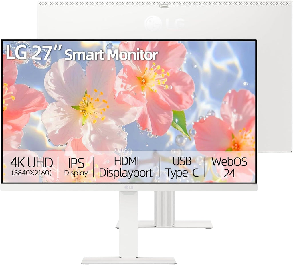 LG 27' UHD Smart Moniton, 4K (3840 x 2160) IPS Display, WebOS, HDR10, Built-in Speakers, Remote Control, Screen Share, Bluetooth, HDMI, USB Type-A|C, Height & Tilt Adjustable Stand