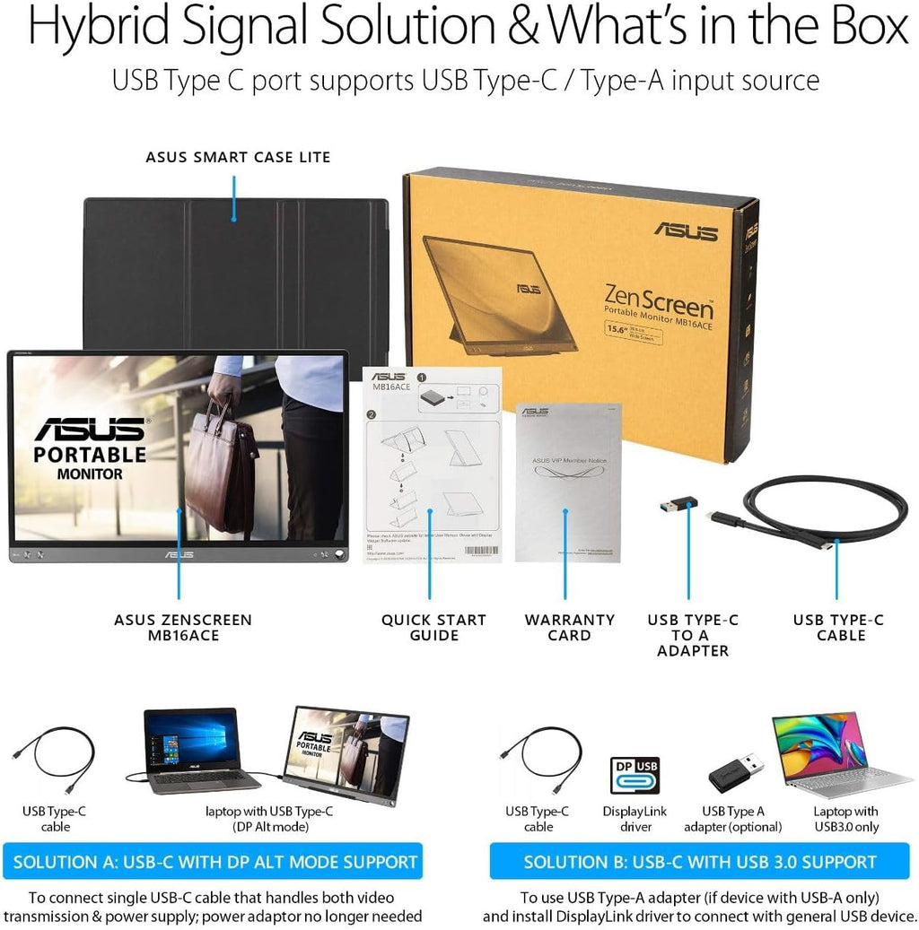 ASUS ZenScreen 15.6' 1080P Portable USB Monitor (MB16ACE) - Full HD (1920 x 1080), IPS, USB Type-C, Eye Care, Anti-Glare Surface, Lite Smart Case, External Screen for Laptop, 3-Year Warranty
