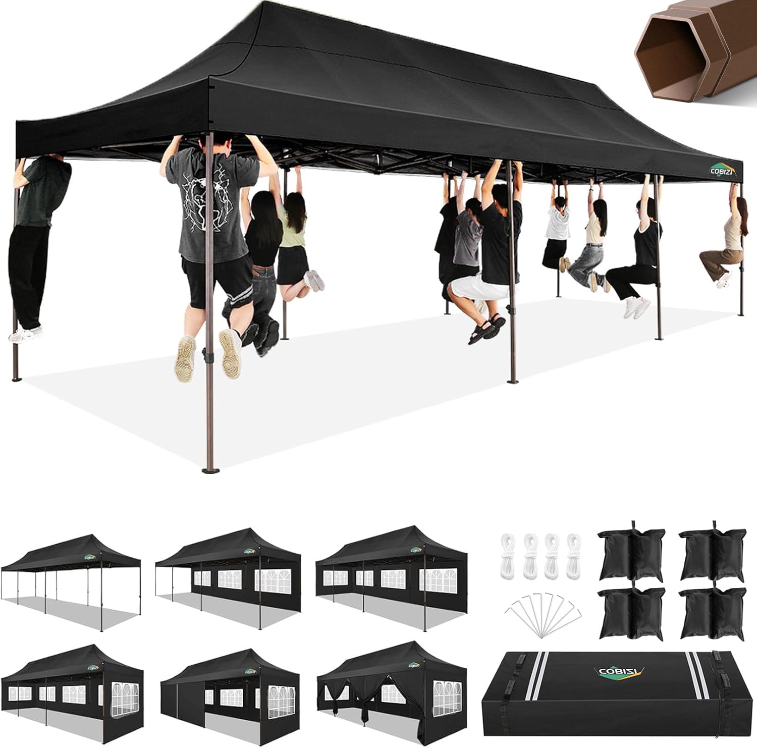 COBIZI 10x30 Pop Up Heavy Duty Canopy with 8 Sidewalls and Hexagonal Legs, Easy up Tent for Party, Wedding and Commercial, Outdoor Canopy with Roller Bag, Sand Bags, Waterproof & UPF50+ (Black)