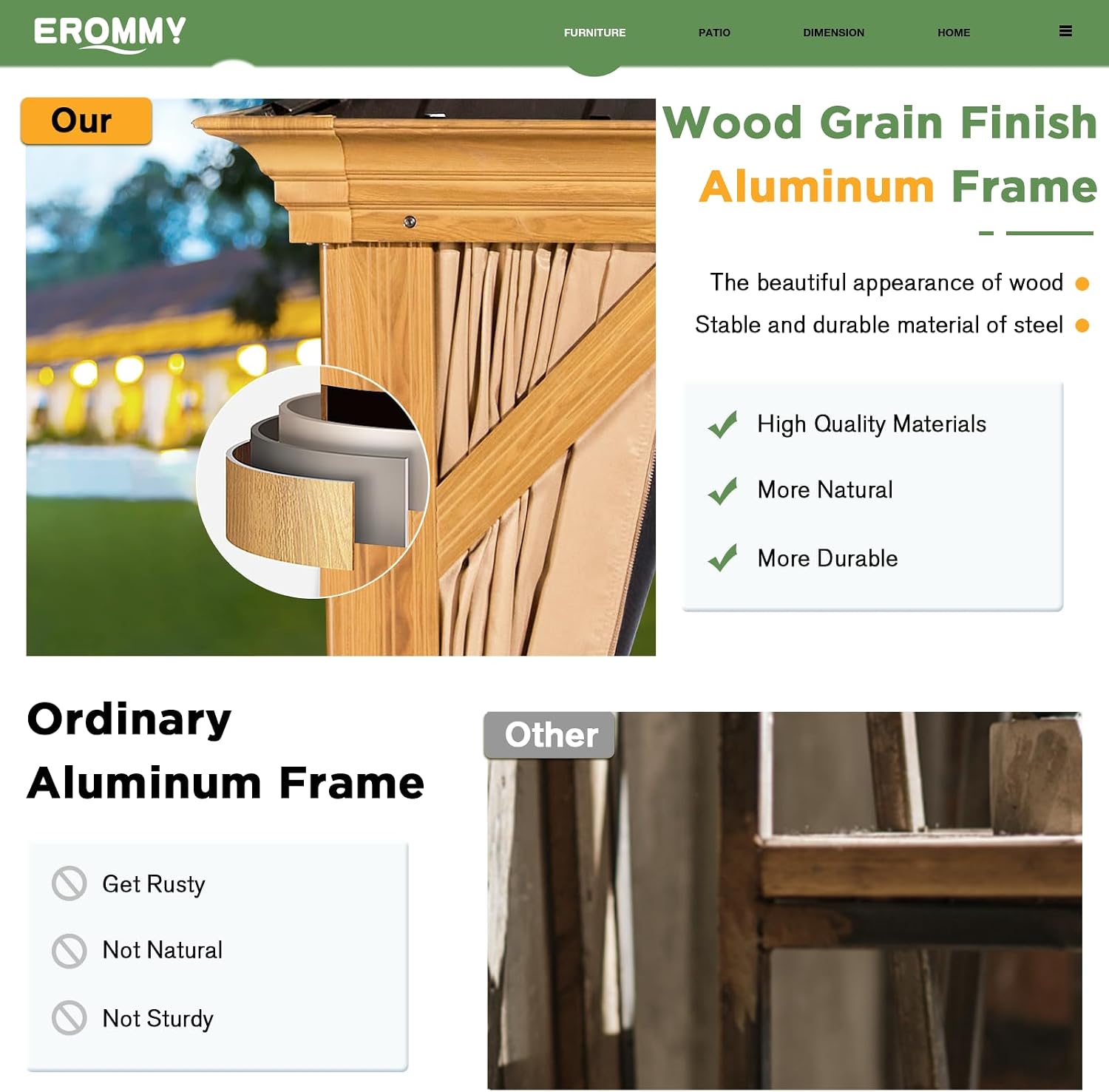 EROMMY 12'x22' Gazebo, Wooden Finish Coated Aluminum Frame Pergola with Double Galvanized Steel Hardtop Roof, Outdoor Permanent Metal Pavilion with Curtains and Nettings for Patio, Backyard and Deck