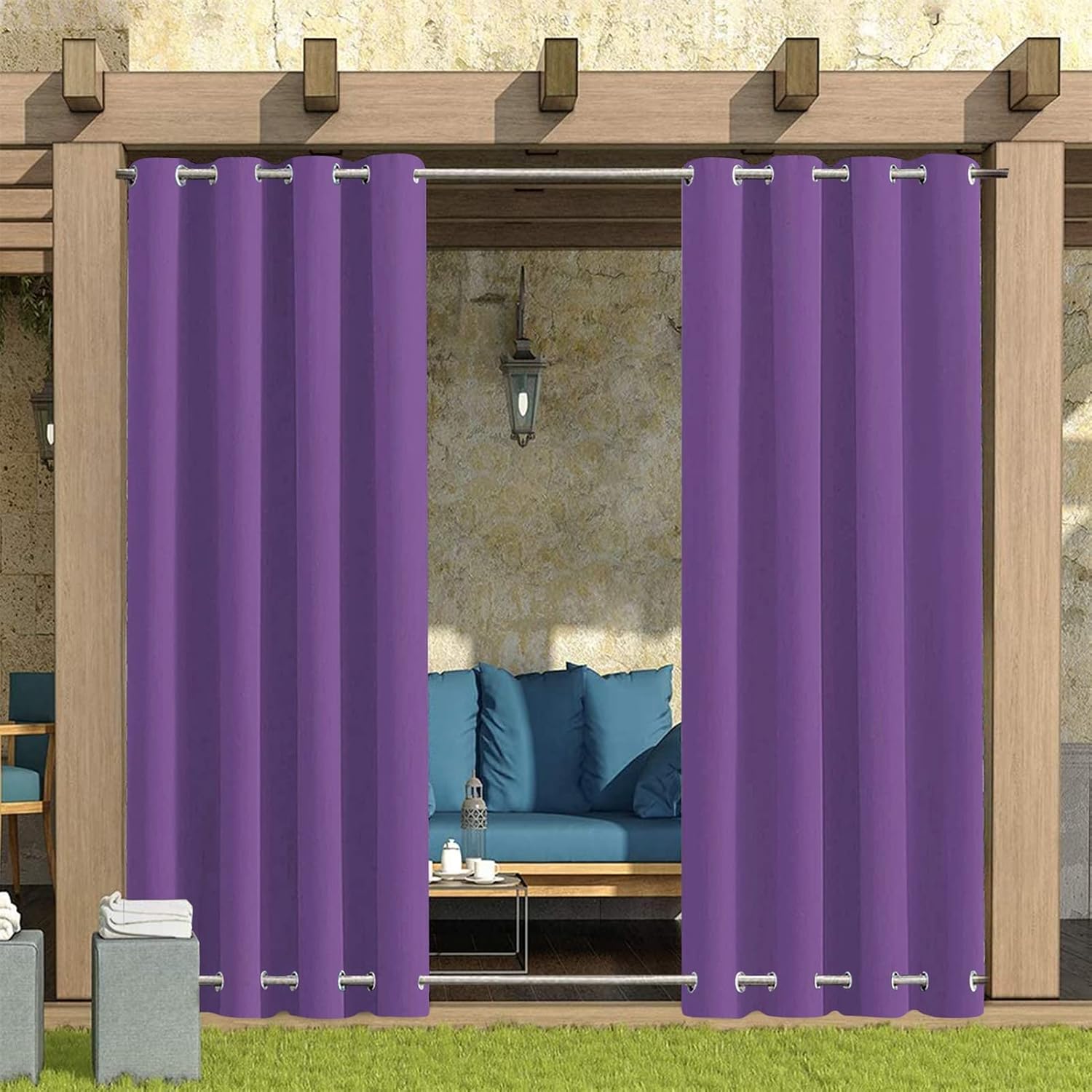 SK Studio Outdoor Curtains for Patio Waterproof Sunlight Block Rustproof Grommet Top and Bottom Windbreak Privacy Curtain for Gazebo, Front Porch, Pergola, 2 Panels, Dark Purple, 52' W x 108' L