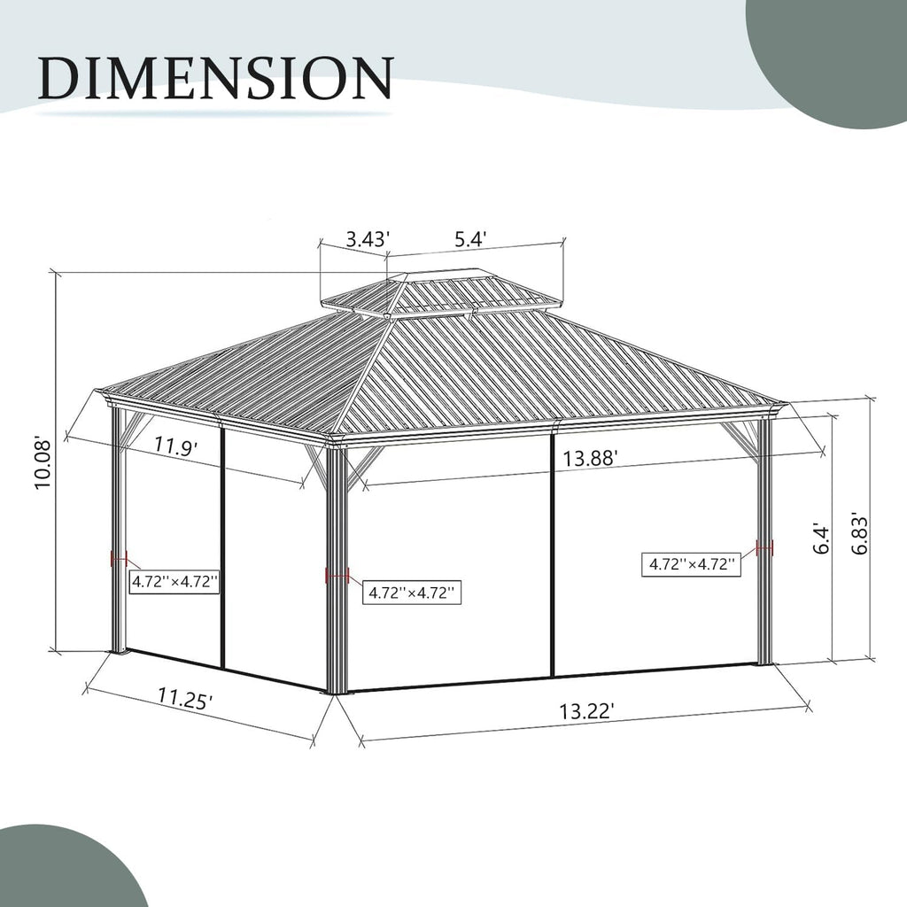Domi 12' X 14' Hardtop Gazebo Permanent Aluminum Outdoor Gazebo with Galvanized Steel Double Roof, Drainage Gutters, Curtains, and Netting for Party, Wedding, Dining
