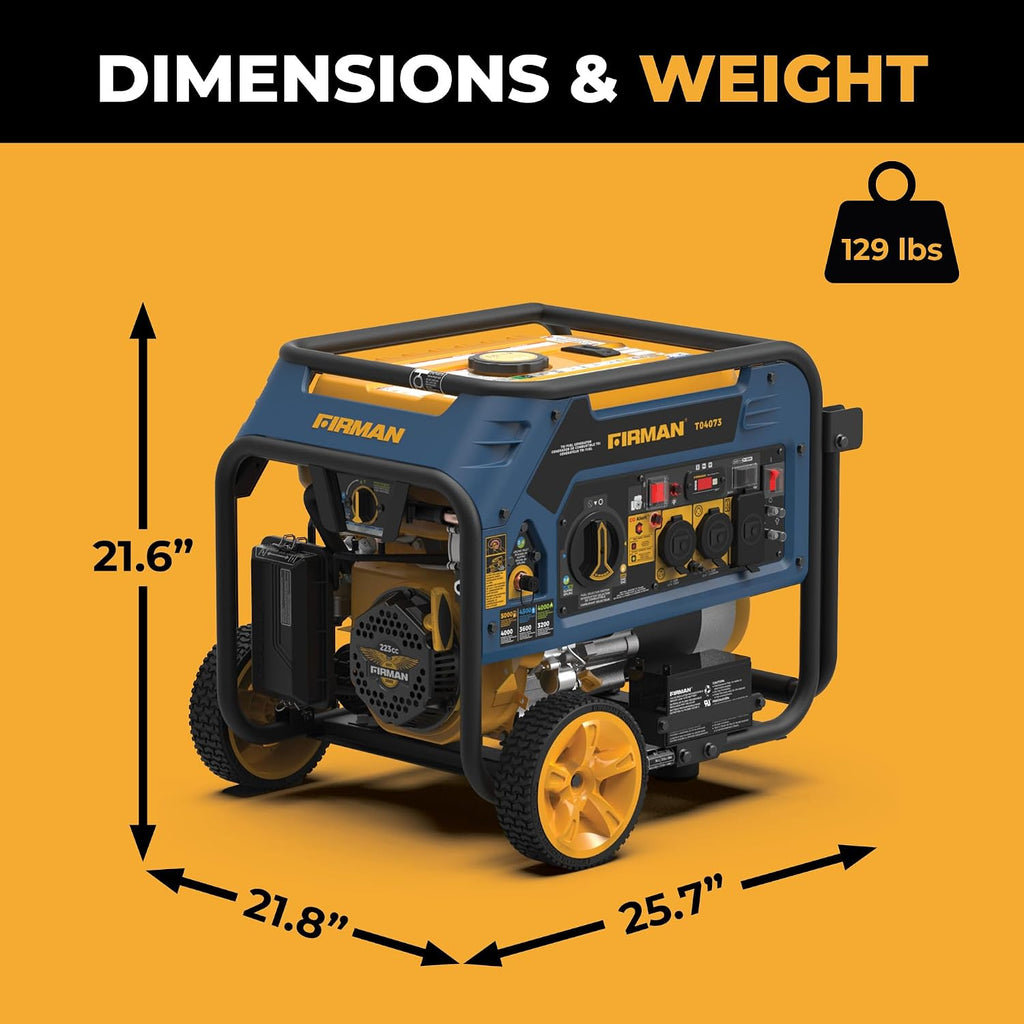 FIRMAN T04073 Tri Fuel Portable Generator, 5000W Gas 4000W Running, 4500W Propane 4000W Natural Gas, Electric Start, 120/240V, CO Alert, Low Oil Shut Off, for Home, RV, Backup, Camping, Outdoor Power