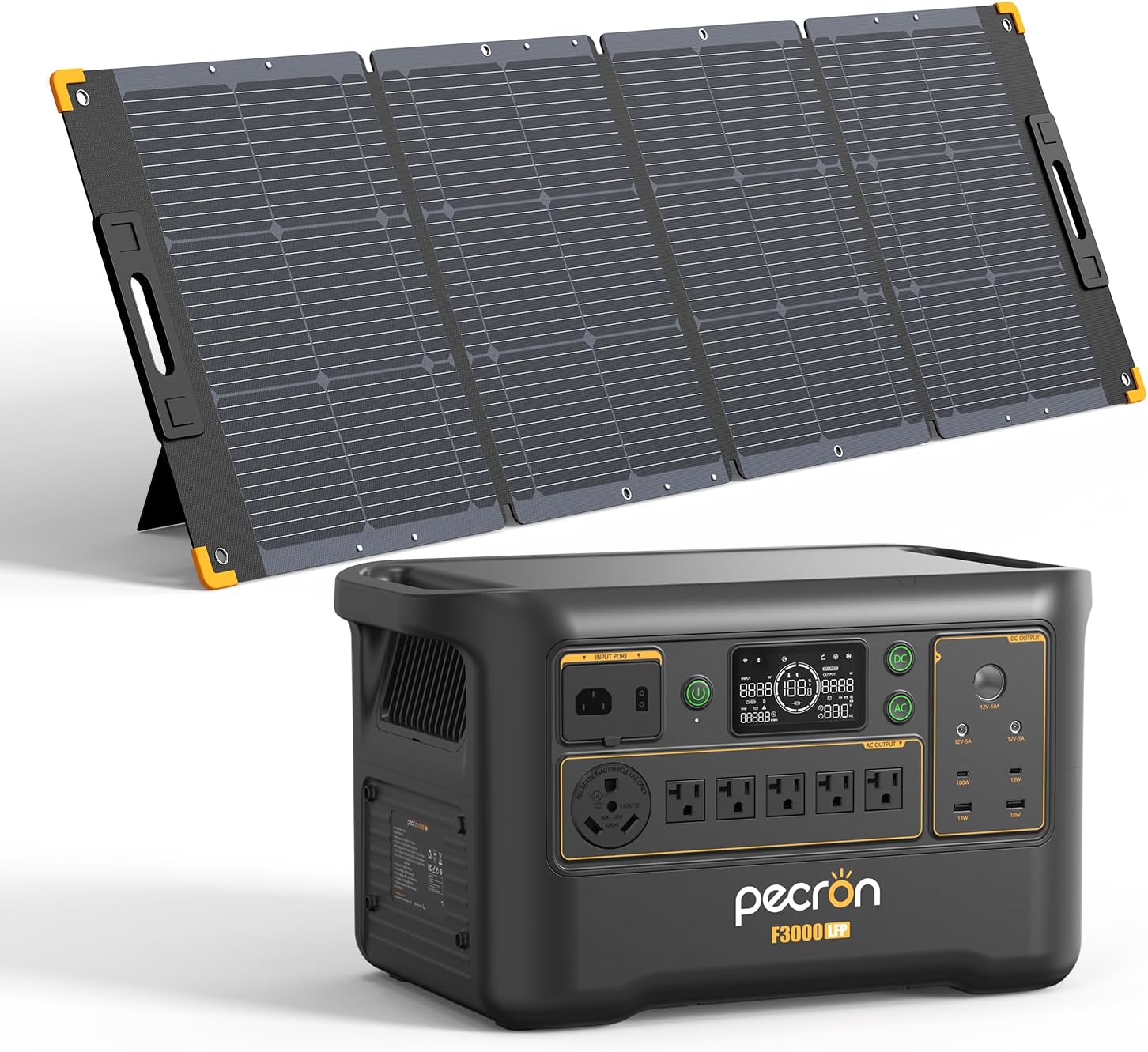 PECRON F3000LFP Solar Generator with 300W Solar Panel, 3072Wh Portable Power Station, 3600W LiFePO4 Battery Home Backup, Fast Charging Lithium Battery with 100W USB-C for Home, Camping, RV, Emergency