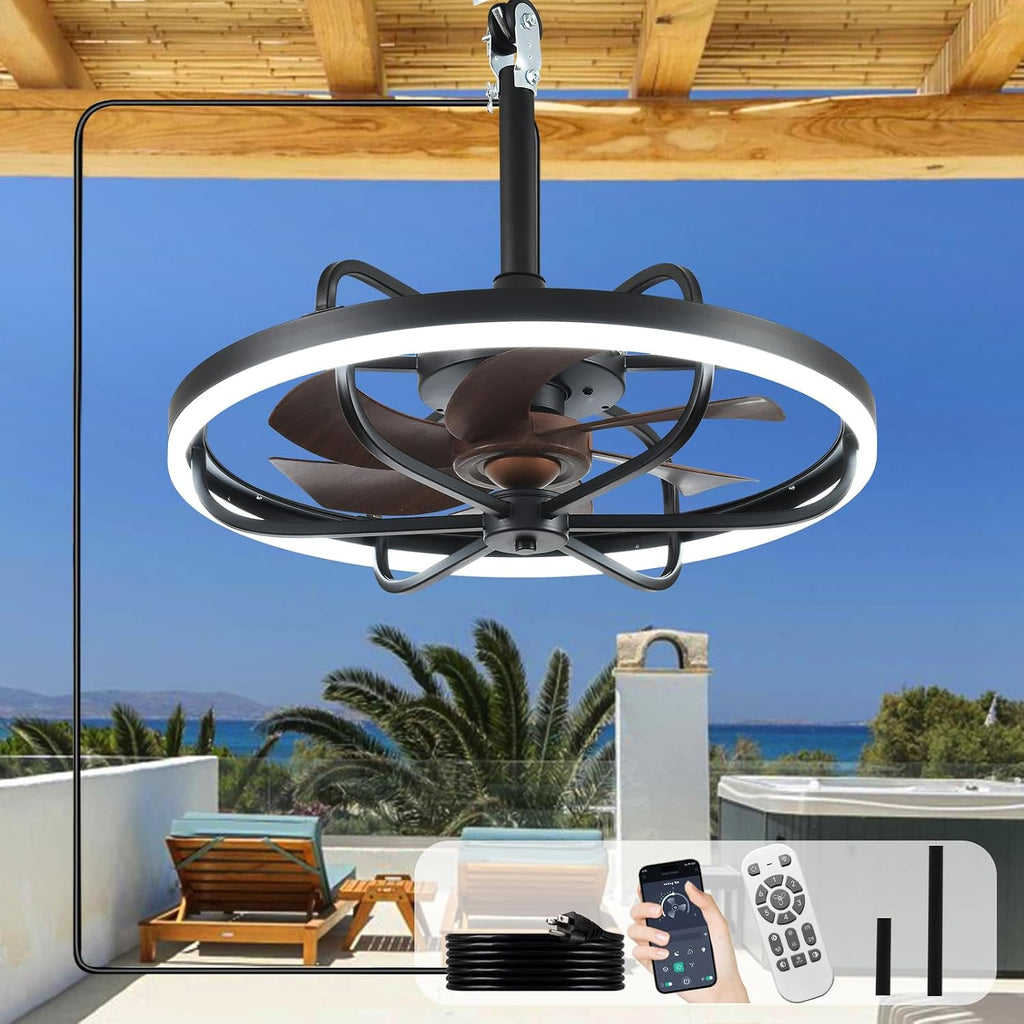 Depuley 20' Outdoor Ceiling Fan with Lights, Walnut and Black Waterproof Gazebo Hanging Fan with Remote App Control, Dimmable Plug in Caged Outdoor Ceiling Fans for patios Porch 6-Speeds