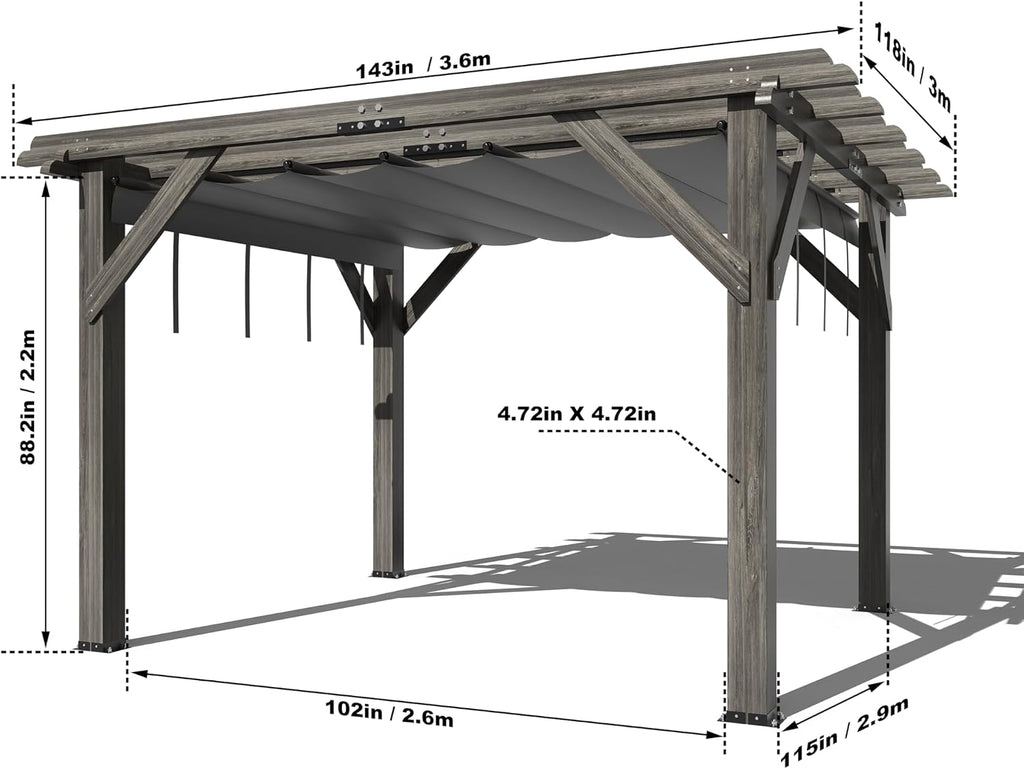 GAOMON 10 X 12 FT Wood Pergola, Solid Structure, Retractable Shade Canopy, Outdoor Wooden Pergola for Patio, Backyard, Deck, Garden