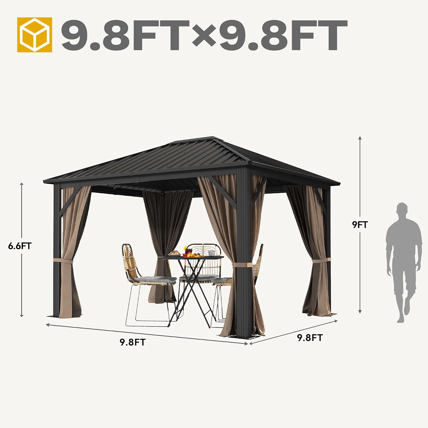 DWVO 10x12ft Gazebo Hardtop with Nettings and Curtains, Heavy Duty Galvanized Steel Outdoor Vertical Stripes Roof for Patio, Backyard, Deck, Lawns, Brown