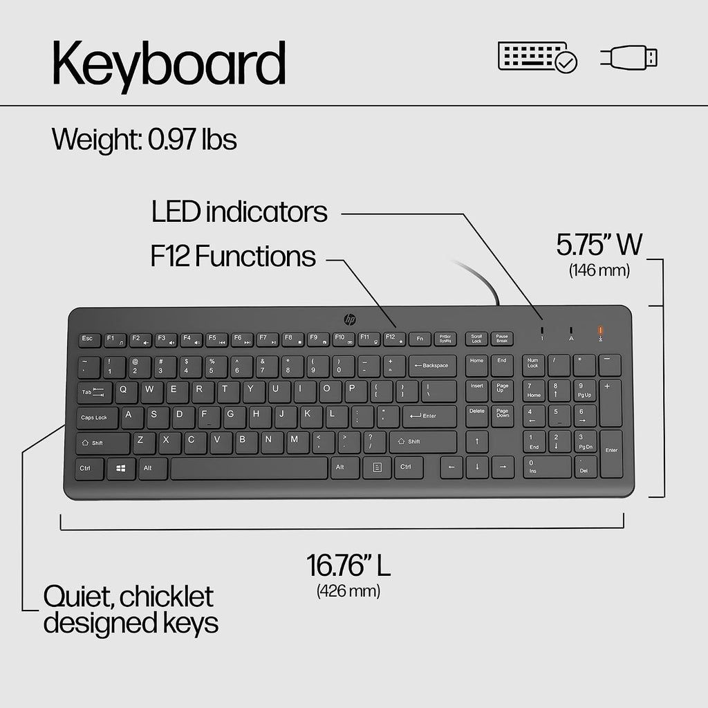 HP 150 Wired Keyboard-Full-Sized, Keyboard with Numeric Keypad-Silent-Touch Chiclet Keyboard - Ergonomic,Comfortable Design-USB Plug-and-Play Connectivity, LED Indicators (664R5AA, Black) (Pack of 10)