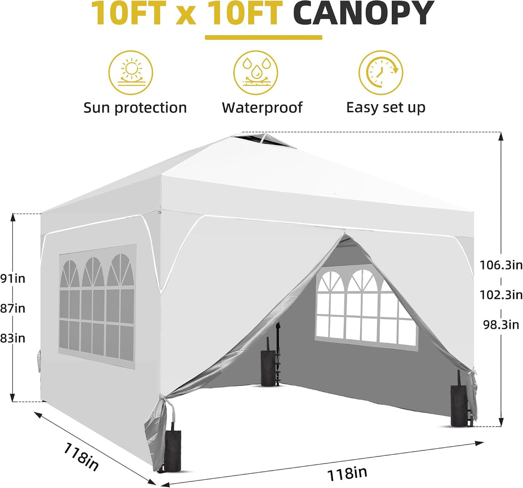 10x10 Pop Up Canopy Tent with One Push Setup, Portable Sun Shade Tent, Instant Easy Up Canopy with 4-Sidewalls & Hand Bag, Outdoor Fldable Gazebo with Vent Top, White.