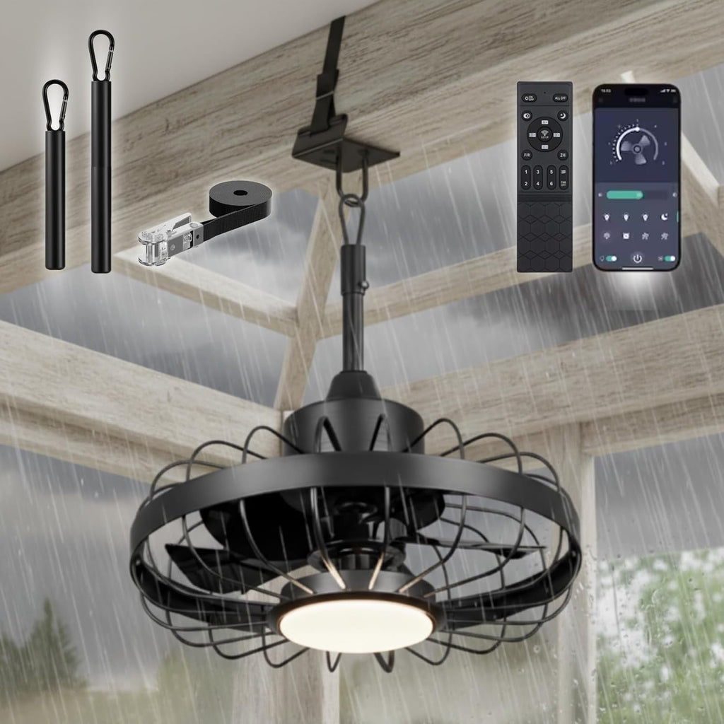 ZeboZap 16' Outdoor Ceiling Fan with Lights, IP65 WaterProof with for Patios, Canopy, Gazebo, and Pergola. Plug in Caged Fan with Remote Control, Quick Strap-On Installation | 3 Lights 6-Speeds fan