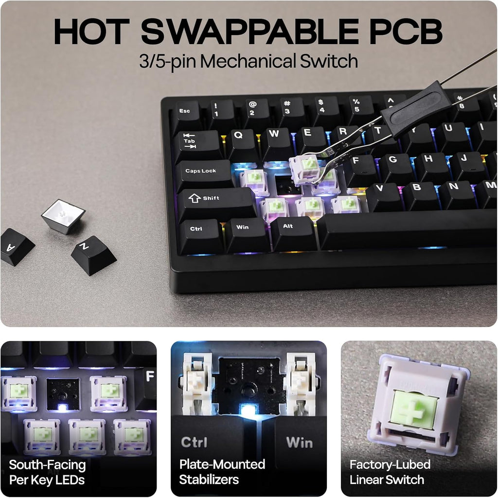 EPOMAKER P65 QMK/VIA Wireless Aluminum Gaming Keyboard, Gasket-Mount, BT/2.4Ghz/USB(A to C), Hot Swappable, N-Key Rollover, for Mac/PC/PS/Xbox (Black, Zebra Switch)
