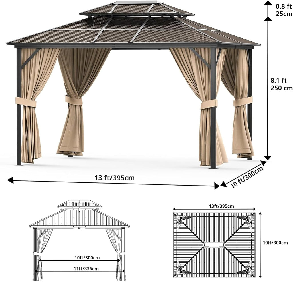 10X13FT Outdoor Hardtop Gazebo with Aluminum Frame, Heavy-Duty Double Roof Polycarbonate Gazebo Including Mesh Netting and Sunshade Curtains, for Patios, Terraces, Lawns, Decks, Brown + Khaki