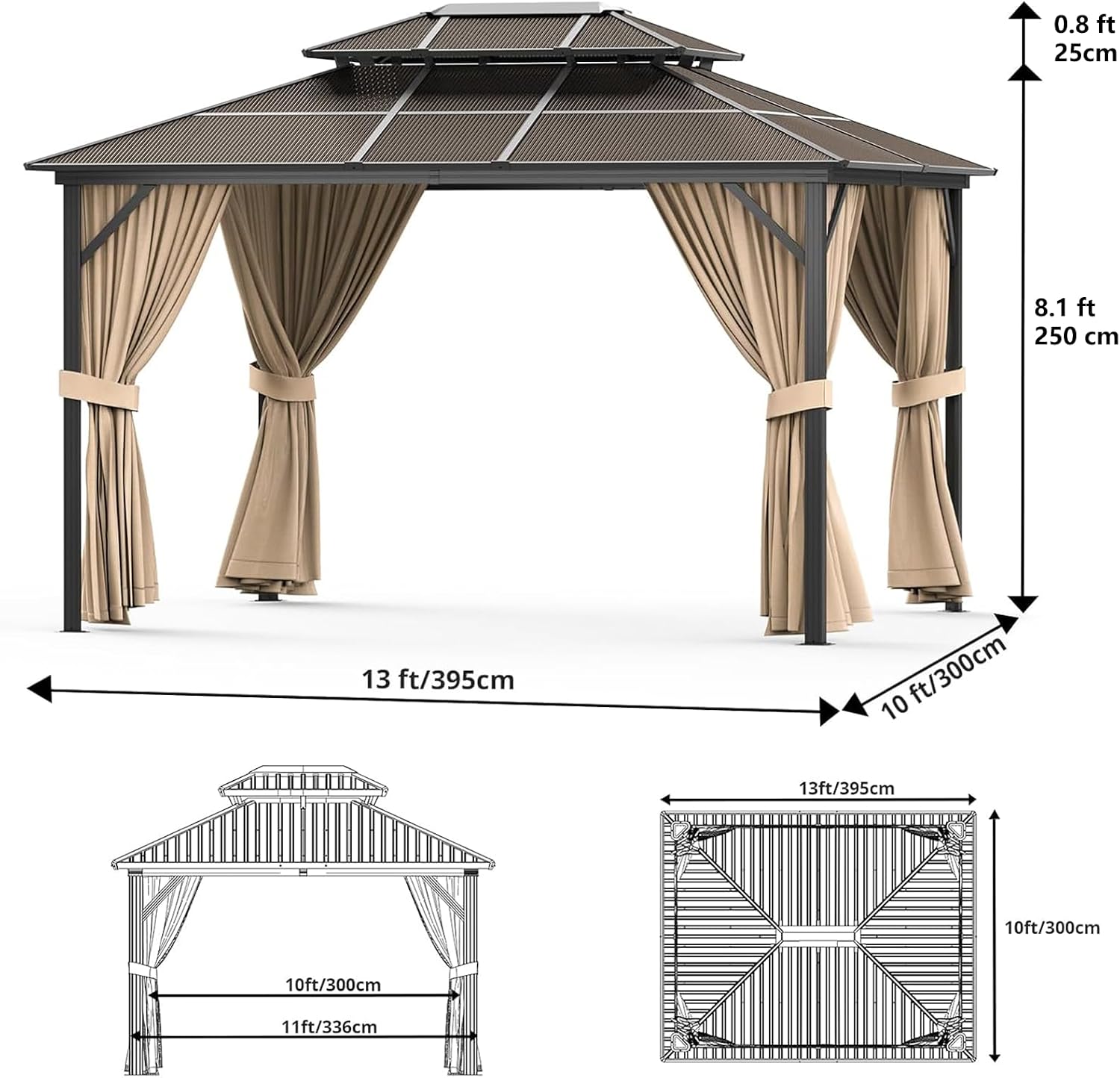 10X13FT Outdoor Hardtop Gazebo with Aluminum Frame, Heavy-Duty Double Roof Polycarbonate Gazebo Including Mesh Netting and Sunshade Curtains, for Patios, Terraces, Lawns, Decks, Brown + Khaki
