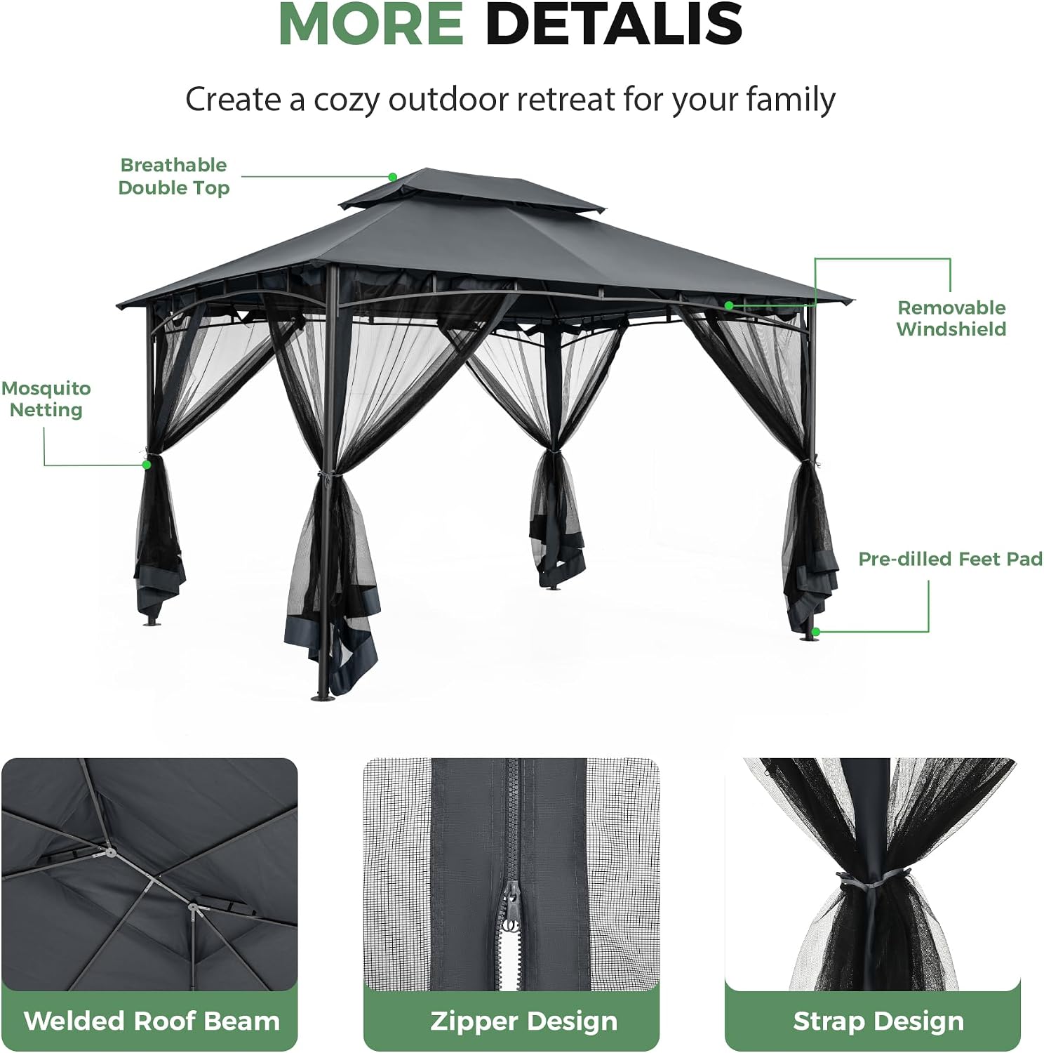 10' X 12' Patio Gazebo with Ventilation Double Roof, Outdoor Gazebo with Removable Mosquito Netting, Easy Up Metal Outdoor Canopy Shelter for Backyard, Garden, Lawn, Grey