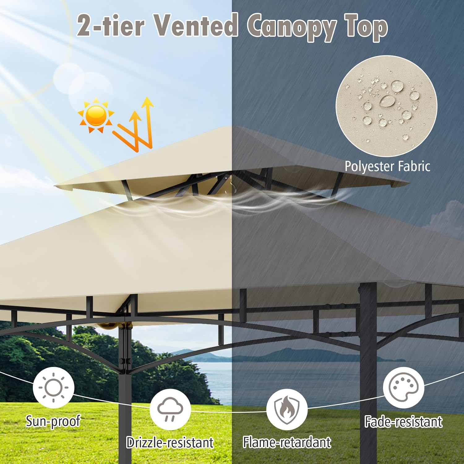 HAPPYGRILL 8 x 5 FT BBQ Grill Gazebo with 2 Side Shelves, Storage Basket, Hanging Hooks, Bottle Opener, Double-Tiered Top, Metal Frame, Outdoor Barbecue Canopy, Grilling Shelter for Patio Garden Yard