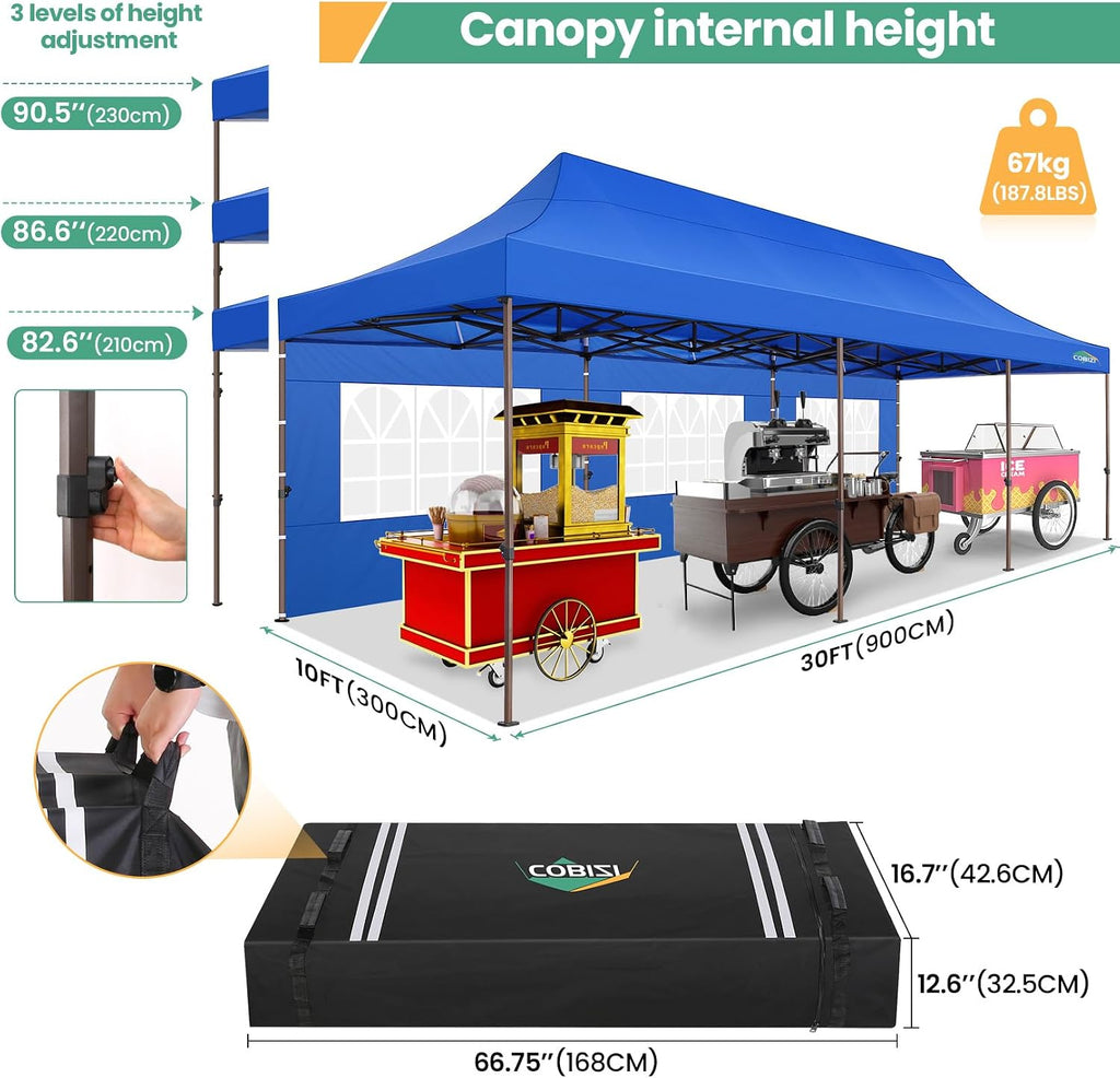COBIZI 10x30 Pop Up Heavy Duty Canopy with 8 Sidewalls and Hexagonal Legs, Easy up Tent for Party, Wedding and Commercial, Outdoor Canopy with Roller Bag, Sand Bags, Waterproof & UPF50+ (Blue)