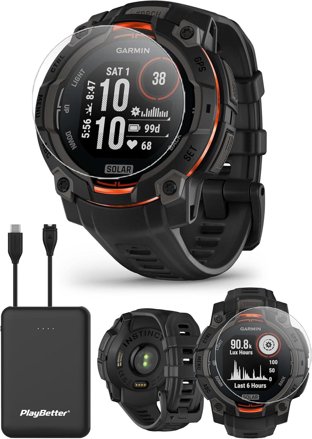 PlayBetter Garmin Instinct 3 Solar 45mm (Black) Rugged Outdoor GPS Smartwatch Bundle - Metal Bezel, Built-in Flashlight, Unlimited Battery Life Portable Charger & HD Screen Protectors